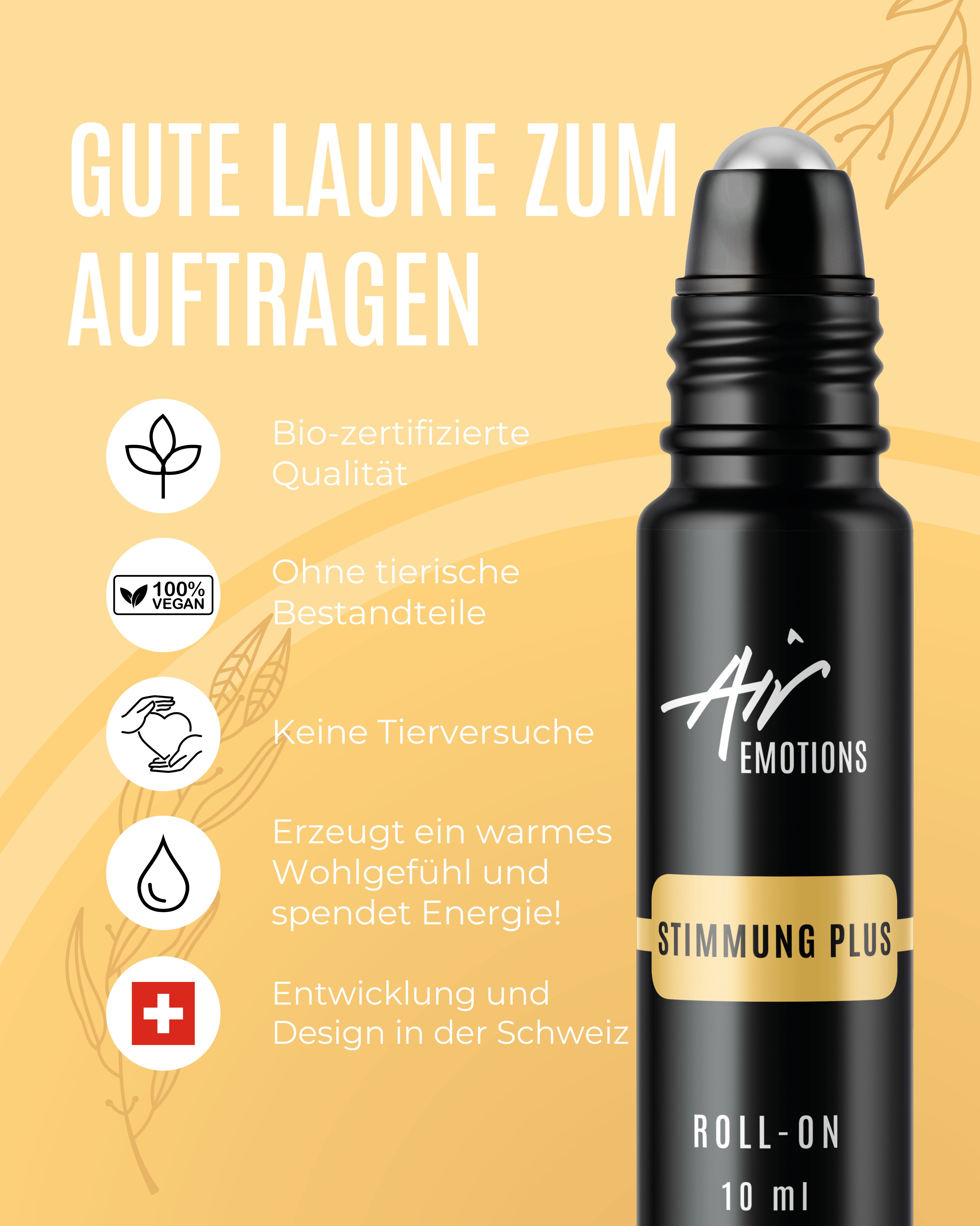 Schwarze Roll-On-Flasche mit "Stimmung Plus"-Etikett. 10 ml. Logos: Bio, vegan, keine Tierversuche, Schweiz.
