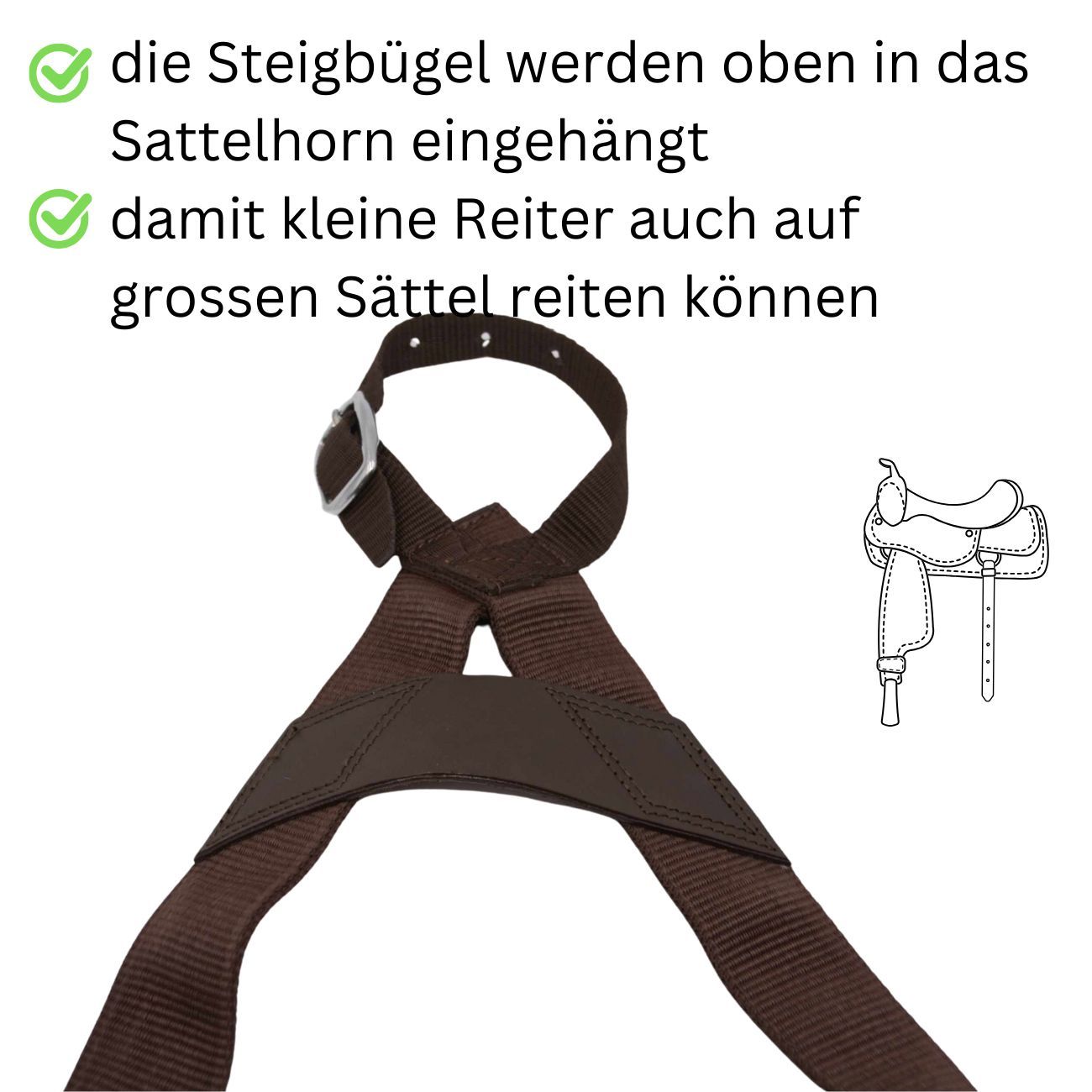 Braune Steigbügelriemen mit Schnalle. Steigbügel werden oben in Sattelhorn eingehängt.