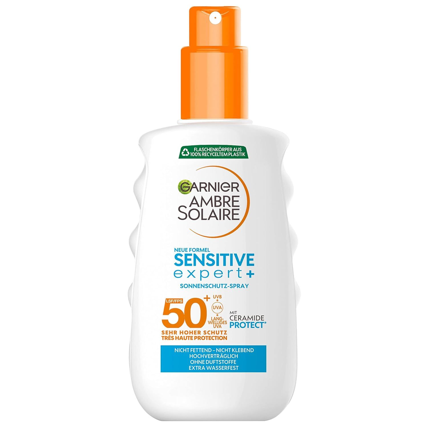 Sonnenschutzspray mit LSF 50+. Weiße Flasche mit orangefarbenem Sprühkopf. Text: Sensitive Expert, Sonnenschutz-Spray, Ceramide Protect.