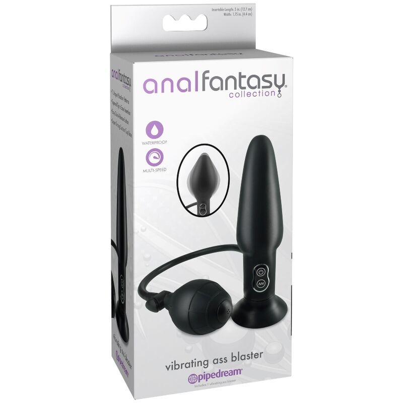 Verpackung von Anal Fantasy. Auf der Verpackung ist ein schwarzer Analvibrator abgebildet. Text: Anal Fantasy Collection, Vibrating ass blaster.