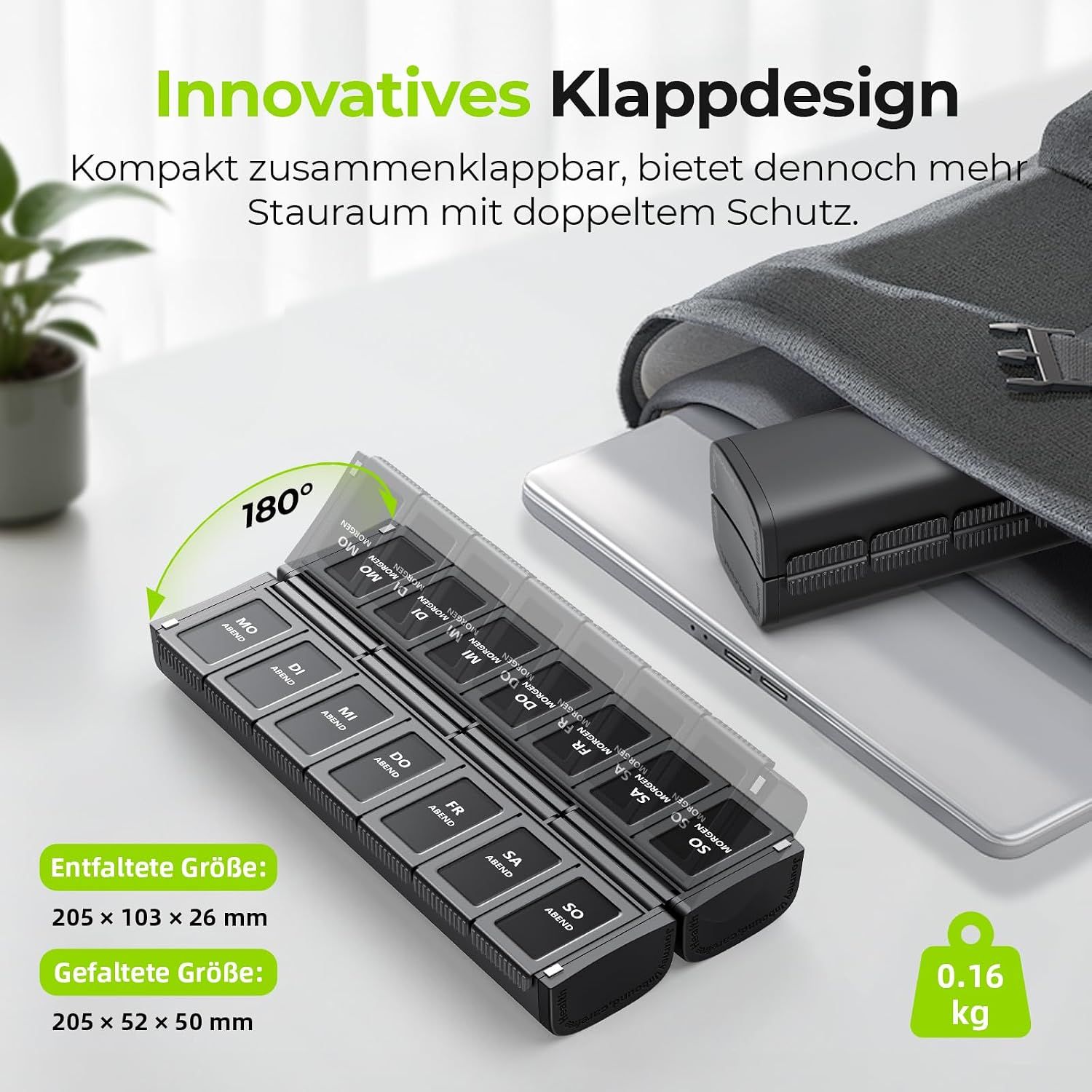 Pillen-Organizer mit 28 Fächern, Maße: 20,5 x 10,3 x 3,6 cm.