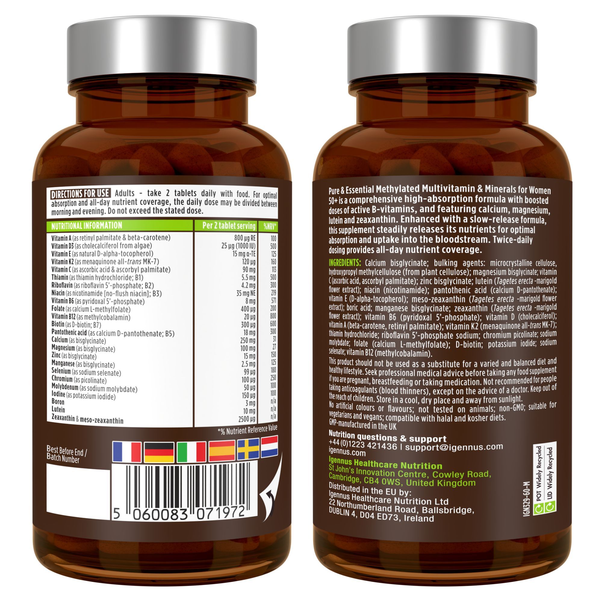 Rückseite und Vorderseite einer Flasche mit Multivitamin- und Mineralstoffkapseln für Frauen über 50, mit Zutatenliste und Anwendungshinweisen.