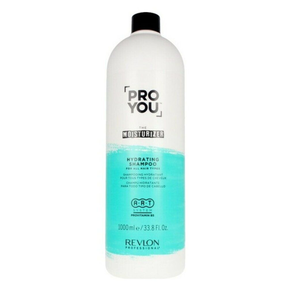 Weiße Shampoo-Flasche mit schwarzem Deckel. Aufschrift: Pro You The Moisturizer. Türkisfarbener Streifen mit Text. Revlon-Logo.