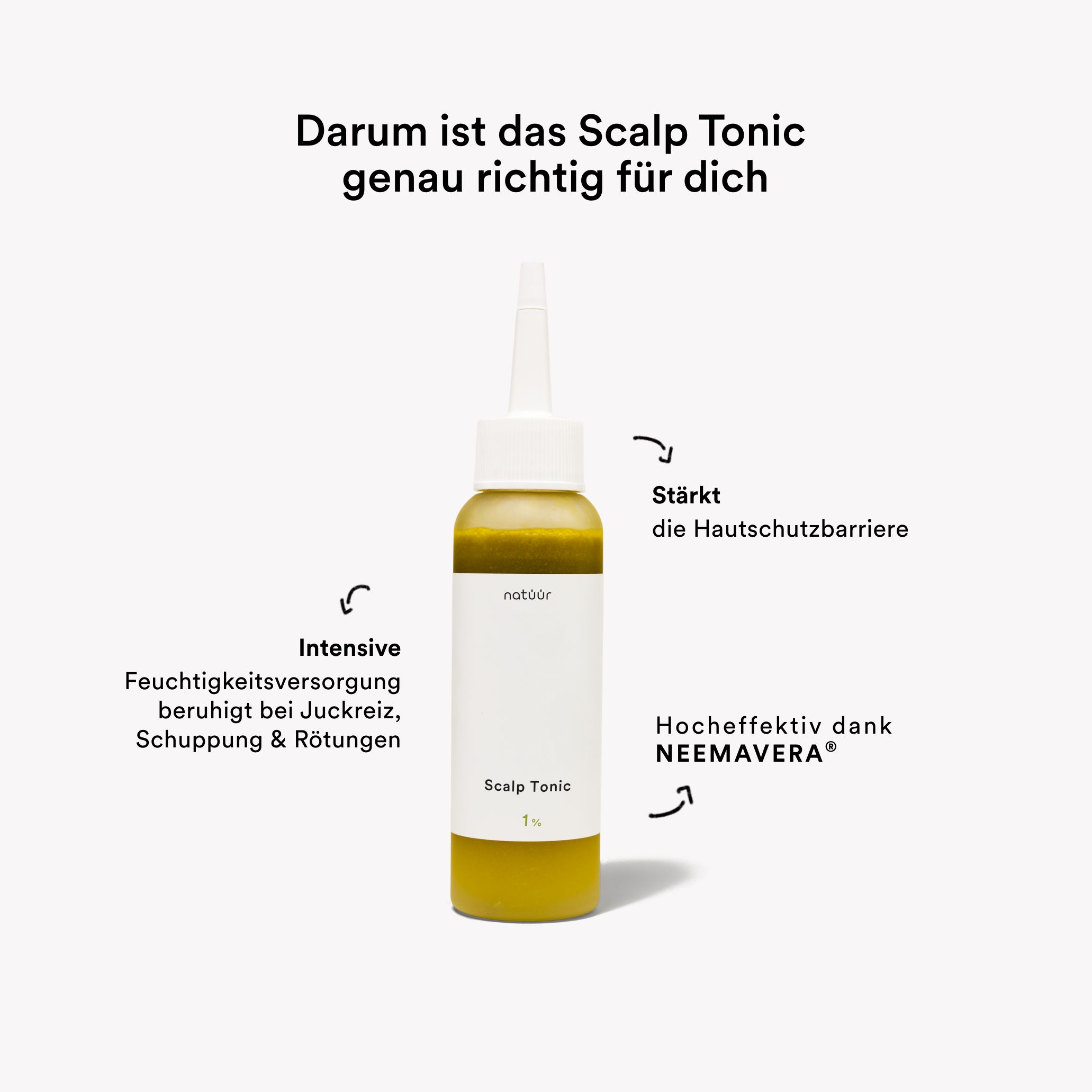 Eine Flasche natüür Scalp Tonic. Gelbe Flüssigkeit in weißer Flasche mit Applikator. Text: Stärkt die Hautschutzbarriere, beruhigt Juckreiz.