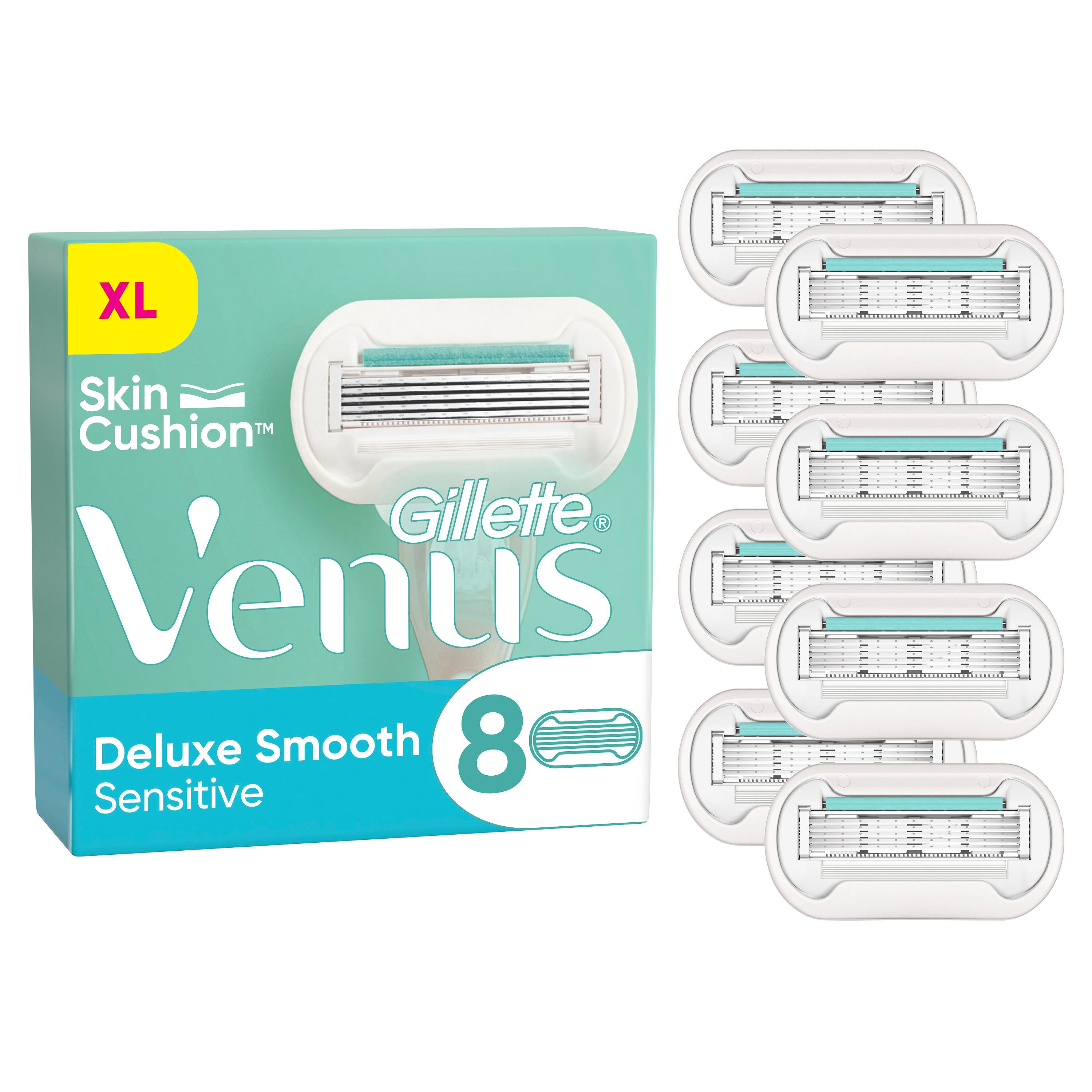 Verpackung mit Gillette Venus Rasierklingen. Enthält 8 Klingen. Deluxe Smooth Sensitive.