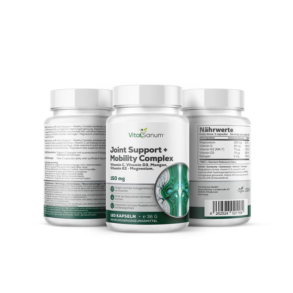 Drei weiße Pillenfläschchen VitaSanum Joint Support + Mobility Complex. 120 Kapseln, 150 mg. Grün-weißes Etikett.