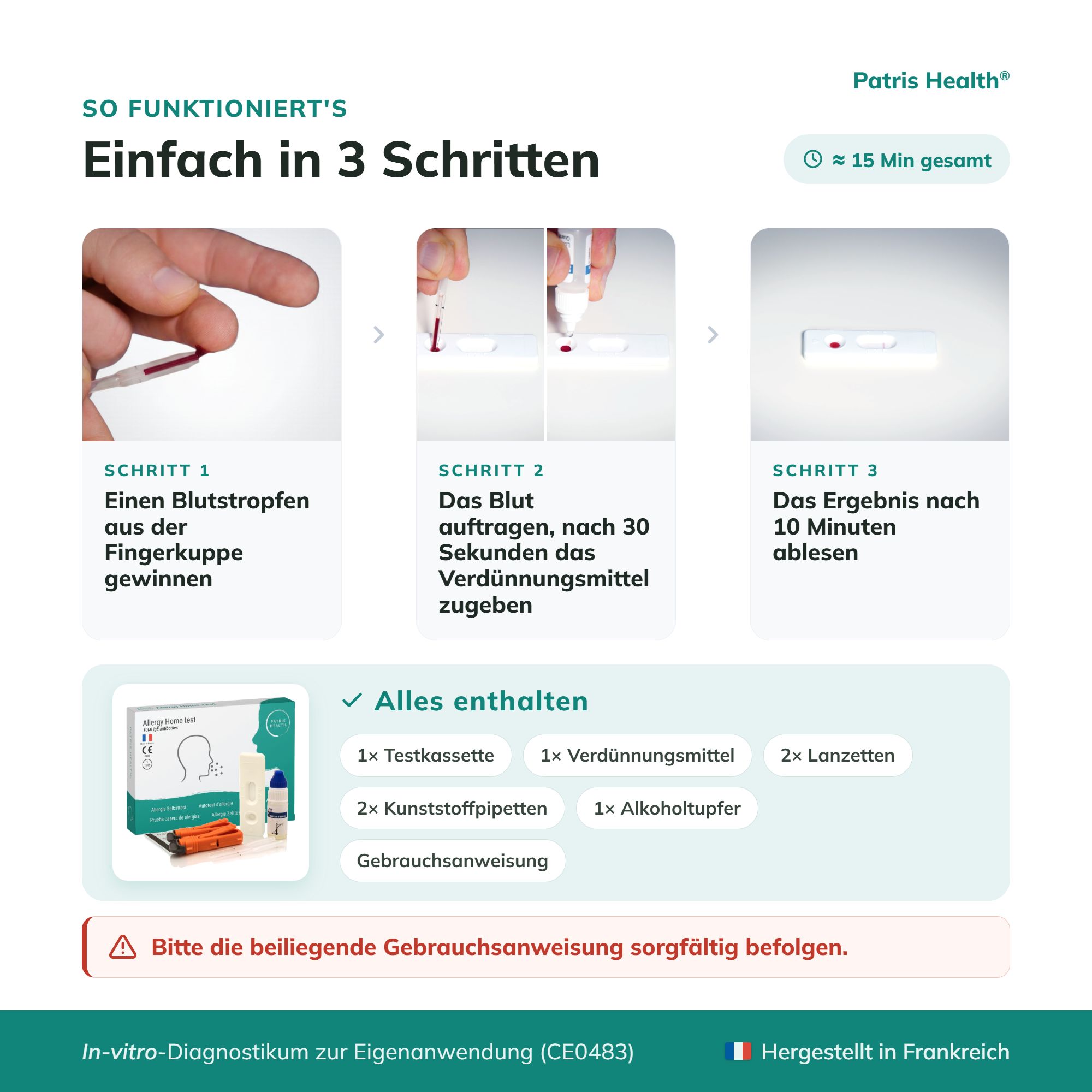 Anleitung zur Durchführung des Allergie-Schnelltests in 3 Schritten und enthaltene Komponenten.