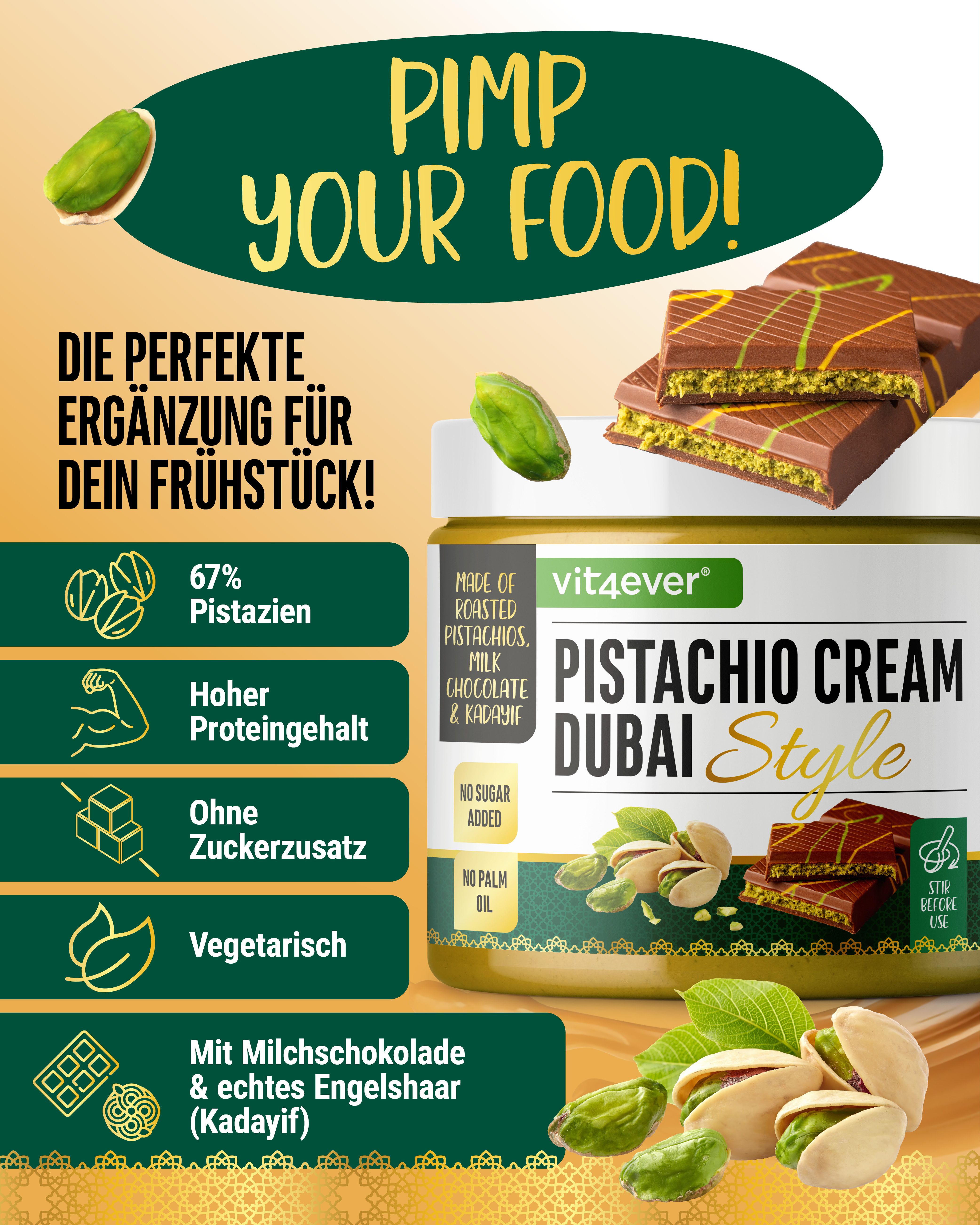 Werbebild für Pistaziencreme Dubai Style von vit4ever. Produkt mit 67% Pistazien, hohem Proteingehalt, ohne Zuckerzusatz, vegetarisch. Abgebildet: Pistazien und Schokolade.