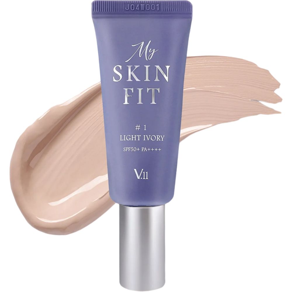 Lila Tube mit "My Skin Fit", Farbton #1 Light Ivory, SPF 50+ PA++++. Daneben ein cremefarbener Farbklecks.