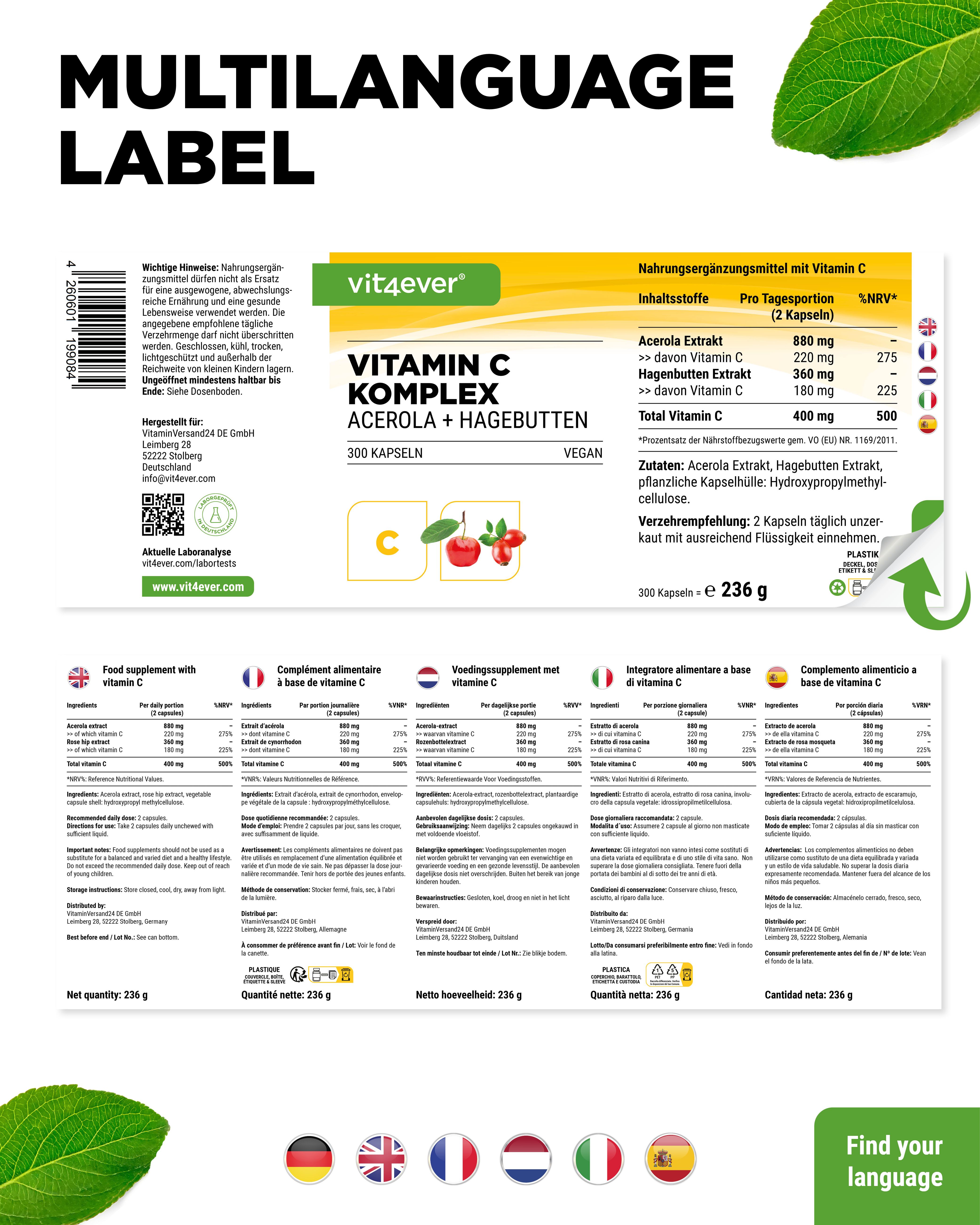 Etikett mit mehrsprachigen Informationen. Aufschrift: Vitamin C Komplex, Acerola + Hagebutten. 300 Kapseln. Nährwertangaben.