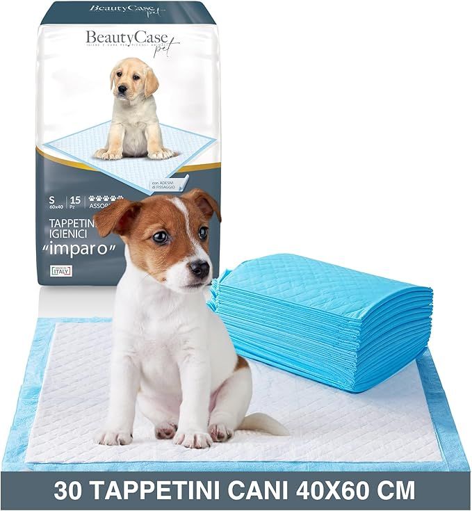 Packung mit 30 blauen Hundewindeln. Ein Welpe sitzt auf einer Windel, ein anderer Welpe sitzt davor. Aufschrift: 40x60 cm.