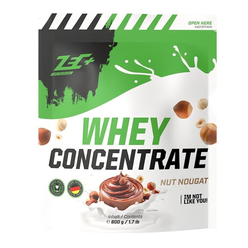 Beutel mit ZEC+ Whey Concentrate Nuss Nougat. Grün-weißes Design mit Produktabbildung und Text. Enthält 800 g.