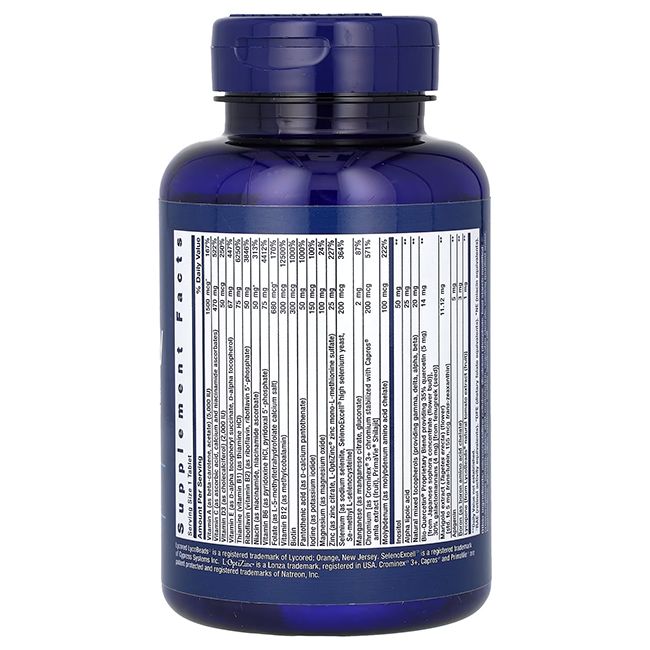 Blaue Flasche mit weißem Etikett. Enthält Nährwertangaben und Inhaltsstoffe. Rückansicht.