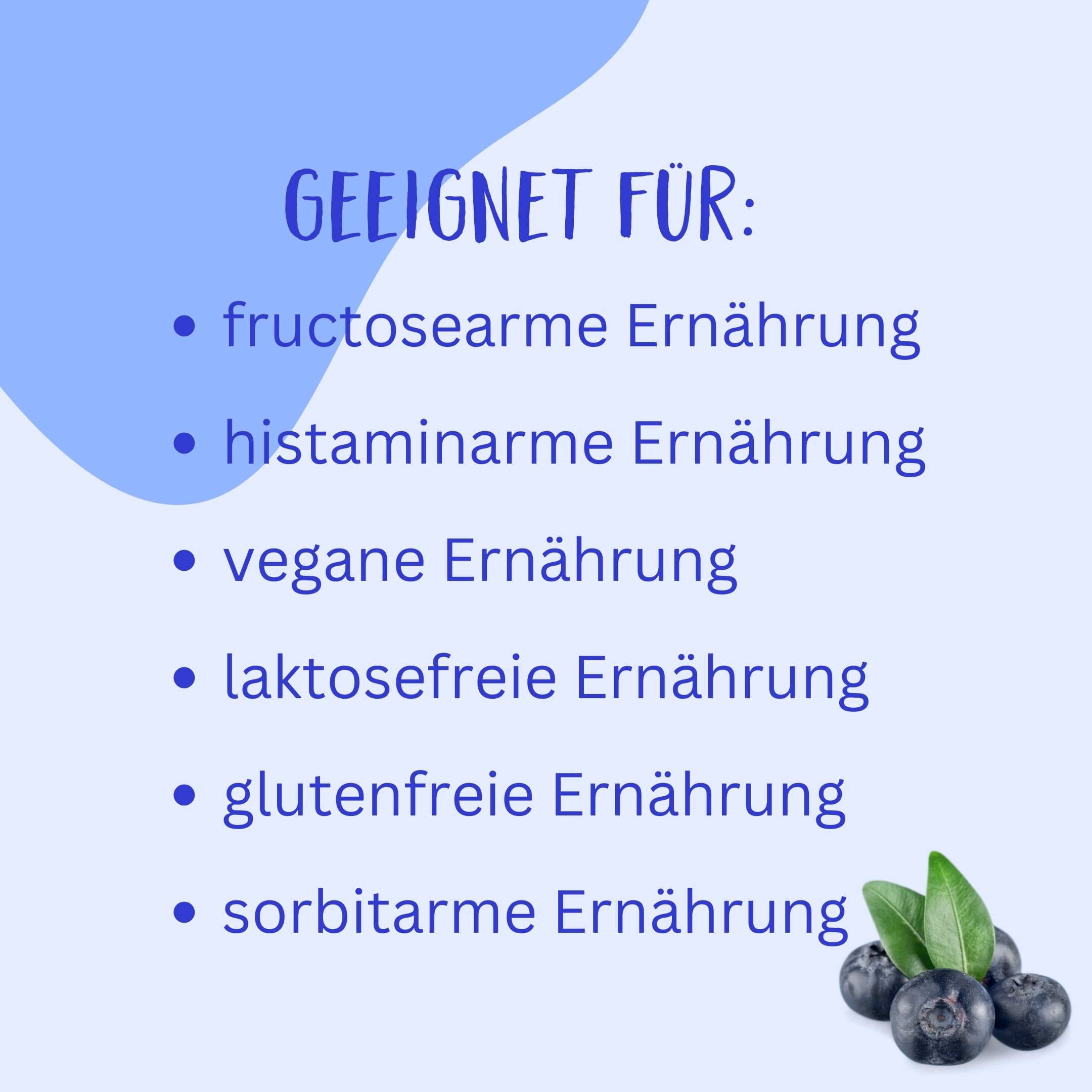 Liste: Geeignet für: fructosearme, histaminarme, vegane, laktosefreie, glutenfreie und sorbitarme Ernährung. Blaubeeren und Blätter am unteren Rand.