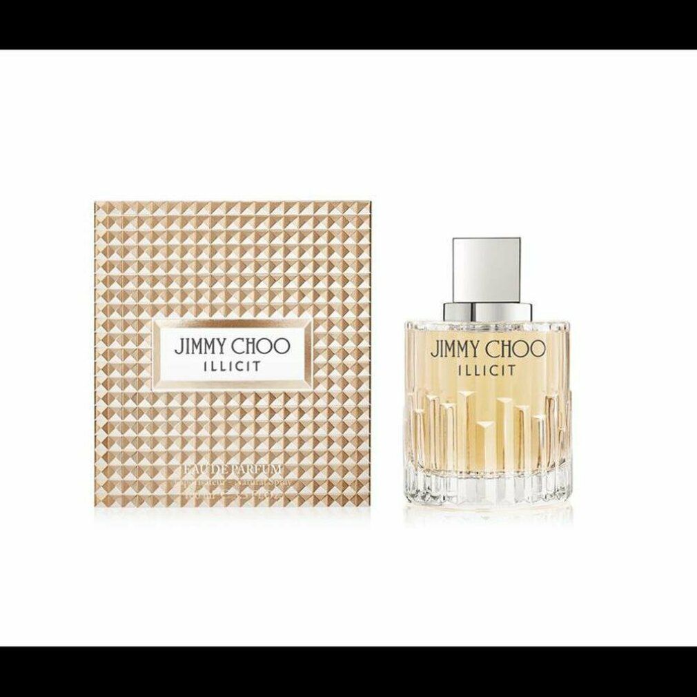 Parfümflasche und Verpackung. Aufschrift: Jimmy Choo Illicit. Quadratische Verpackung mit Muster.