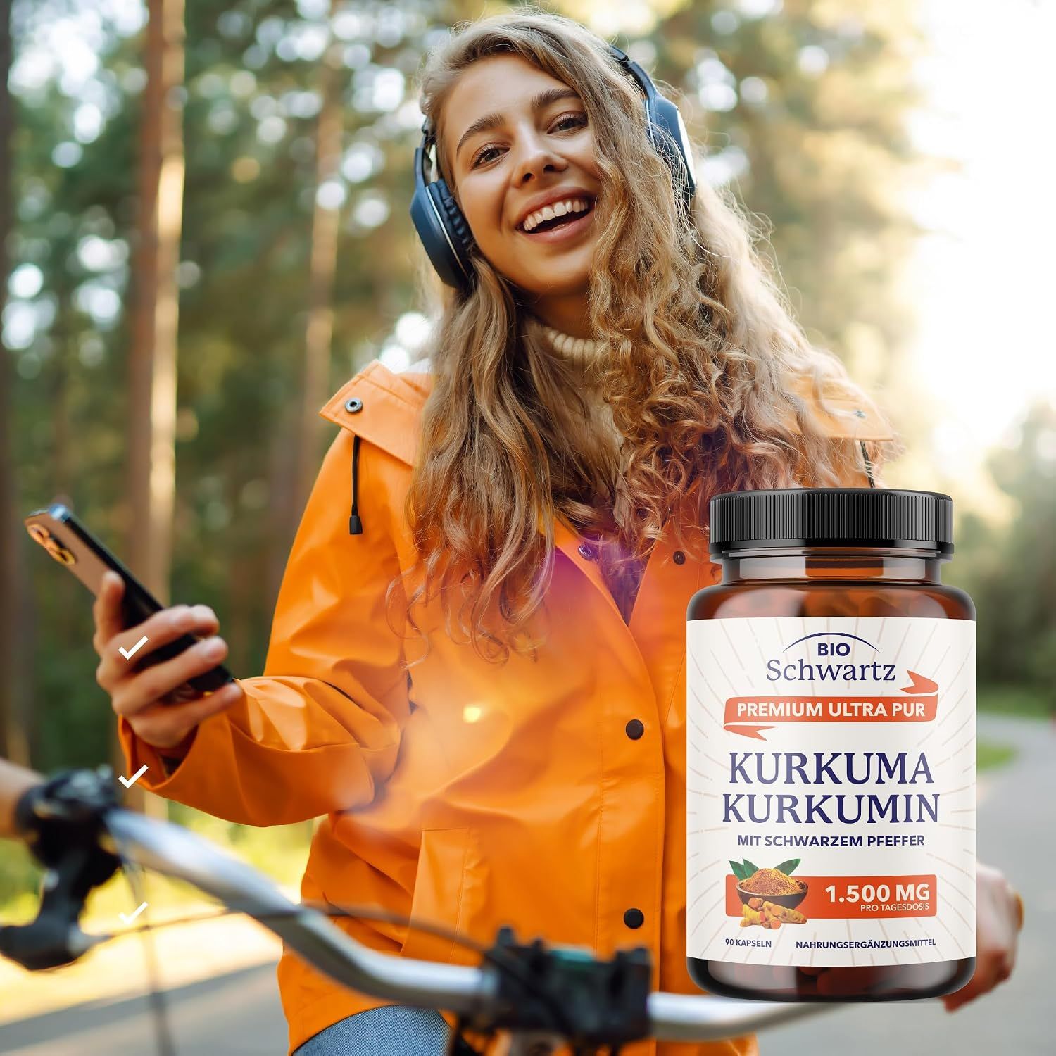 Flasche Bio Schwartz Kurkuma Curcumin mit schwarzem Pfeffer.