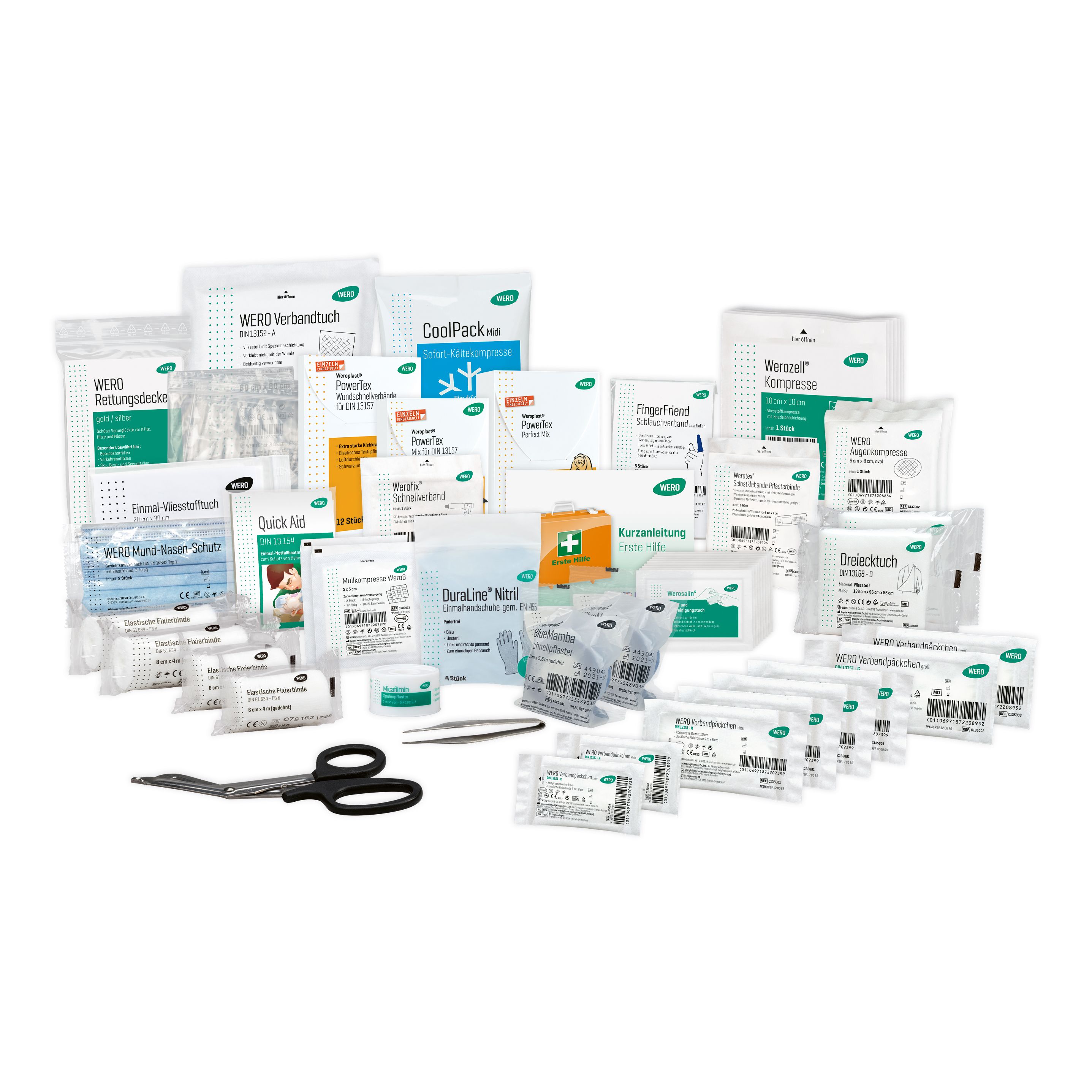 Erste-Hilfe-Set mit verschiedenen Verbandsmaterialien, Schere, Pinzette und Kühlpack. Viele weiße Verpackungen mit grünen Akzenten.