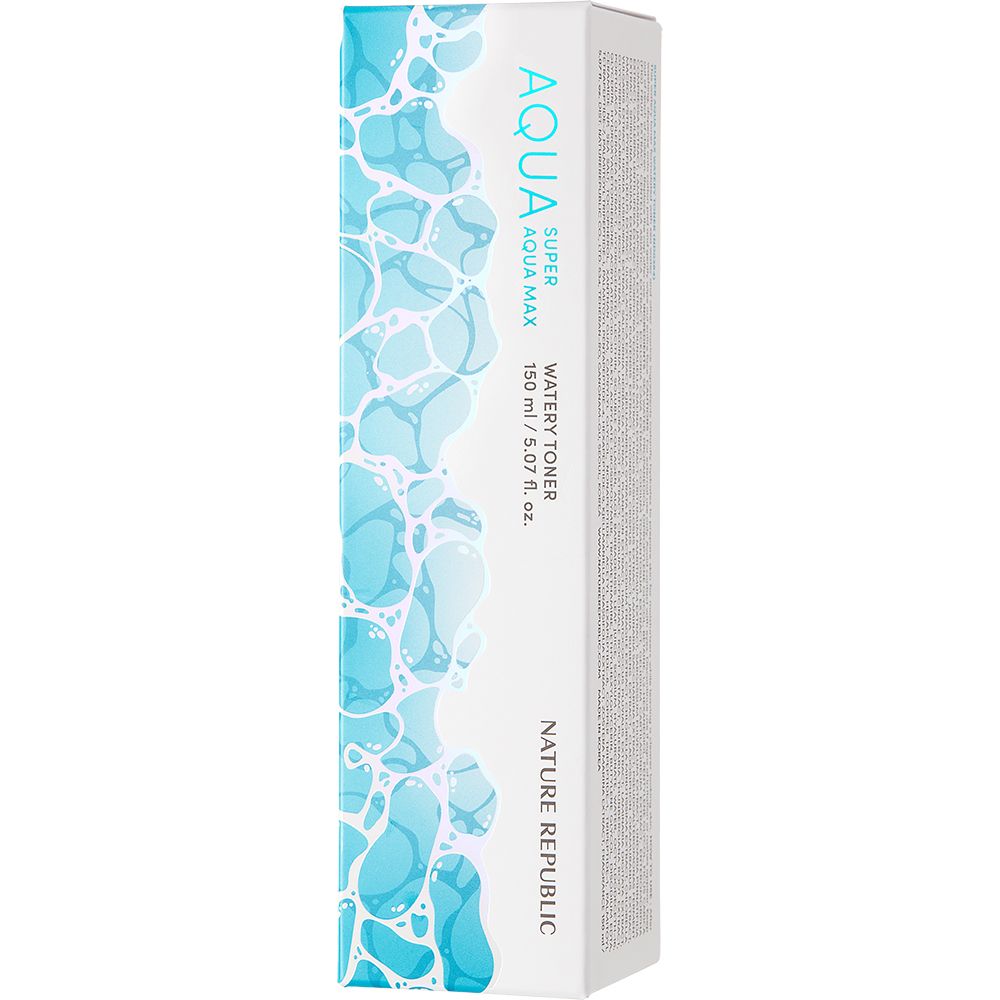 Schmale, weiße Verpackung mit "AQUA Super Aqua Max Watery Toner"-Etikett. Marke: NATURE REPUBLIC. Türkisblaues Design.