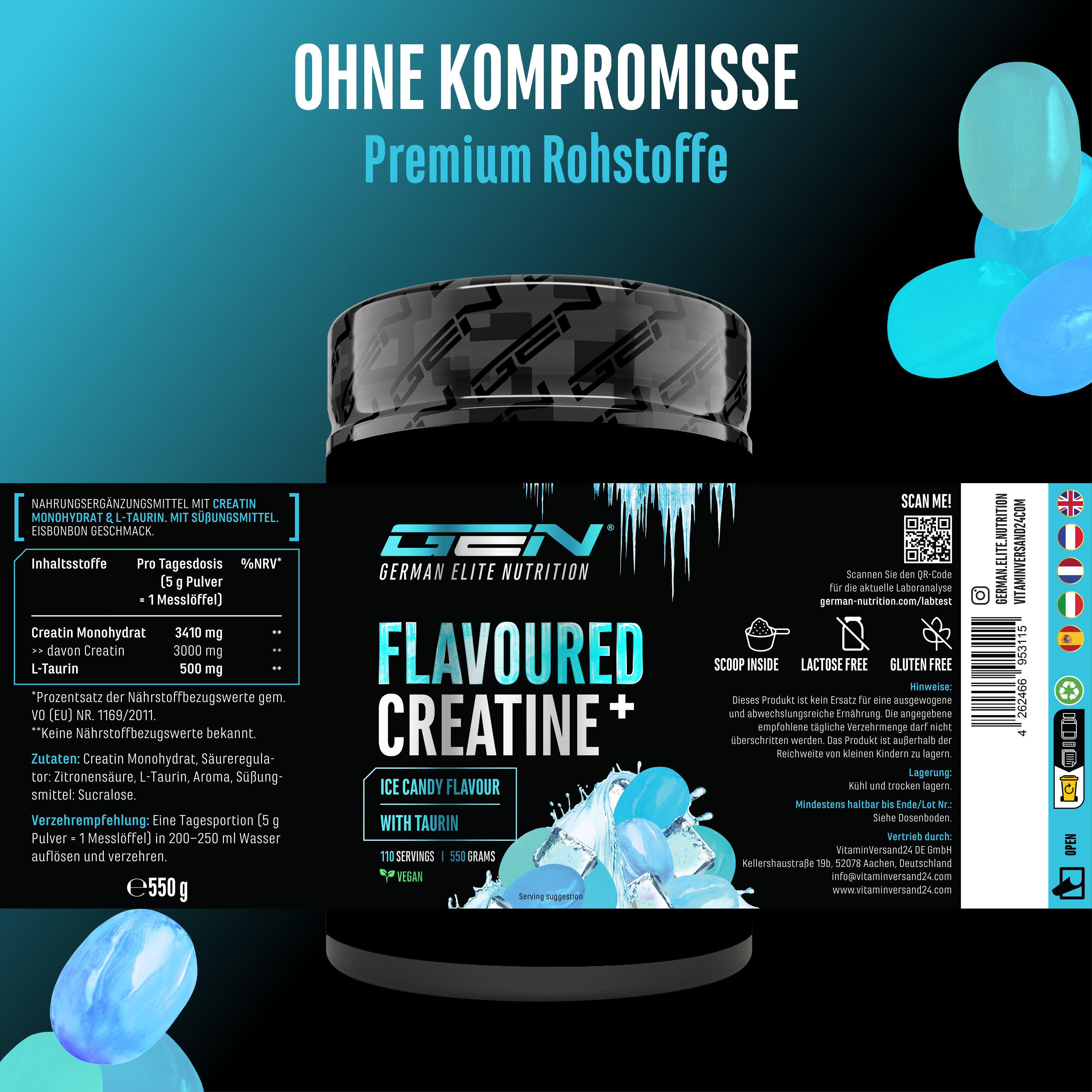 Dose GEN Flavoured Creatine+ mit Eisbonbon-Geschmack. Enthält Creatin Monohydrat, L-Taurin, Aroma, Süßungsmittel. 110 Portionen, 550 g. Enthält Scoop, laktosefrei, glutenfrei.