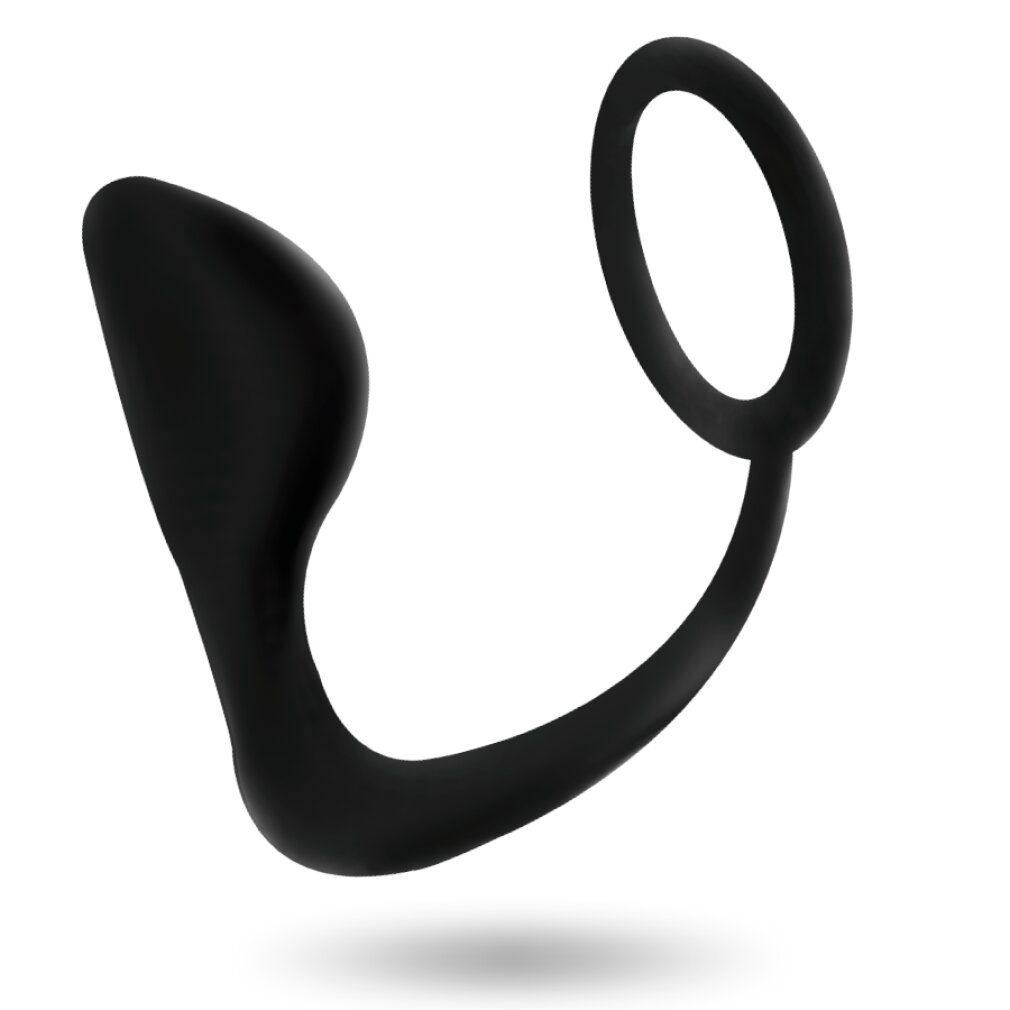 Schwarzer, flexibler Analplug mit Penisring aus Silikon.