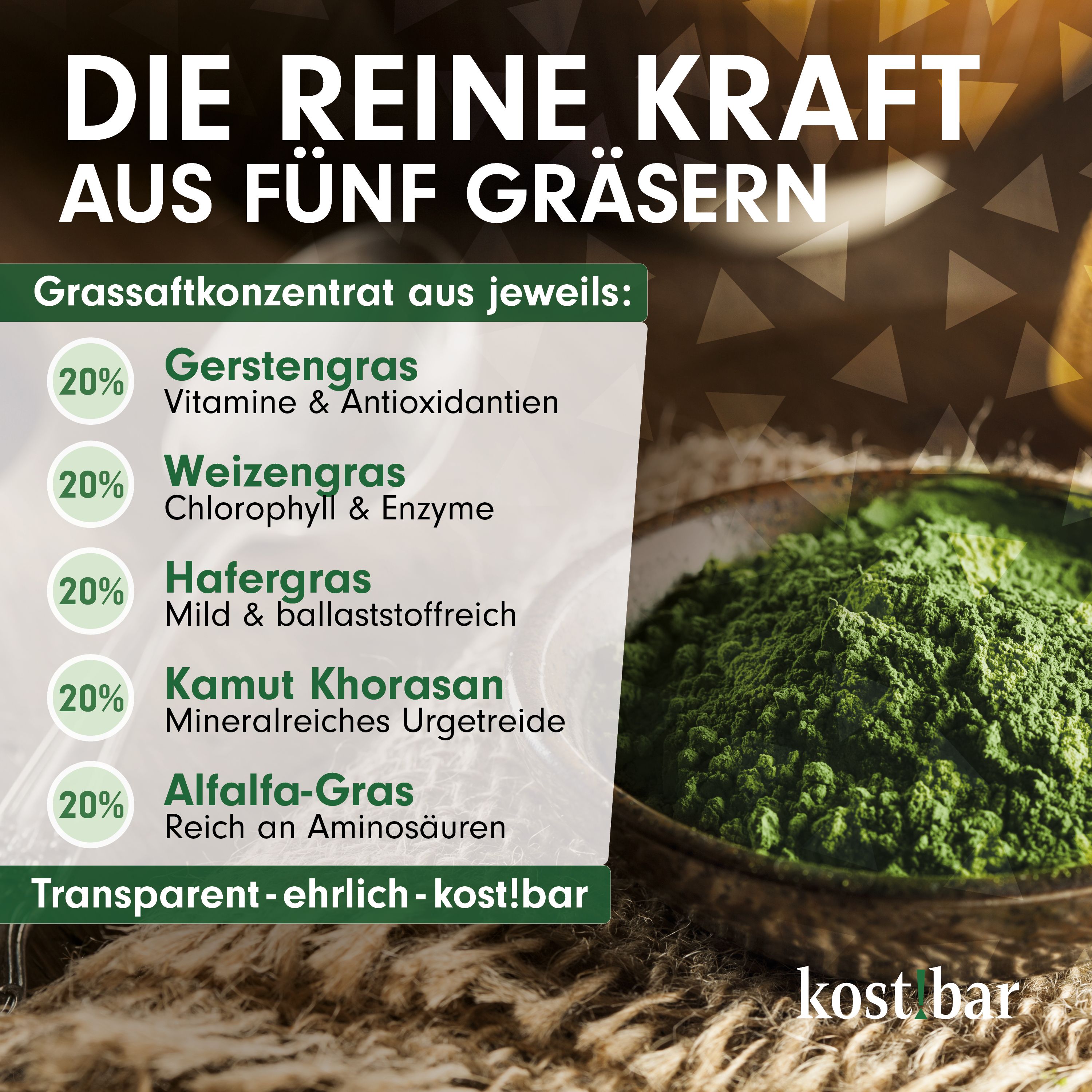 Grünes Pulver in einer Schüssel. Text: DIE REINE KRAFT AUS FÜNF GRÄSERN. Marke: kost!bar. Text: Grassaftkonzentrat aus jeweils: Gerstengras, Weizengras, Hafergras, Kamut Khorsan, Alfalfa-Gras.