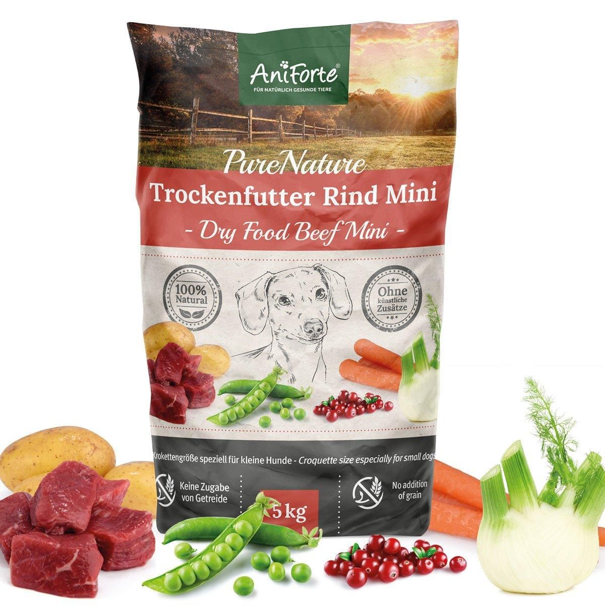 Aniforte Trockenfutter Rind Mini, 5 kg Beutel. Abbildung eines Hundes, Gemüse und Produktnamen.