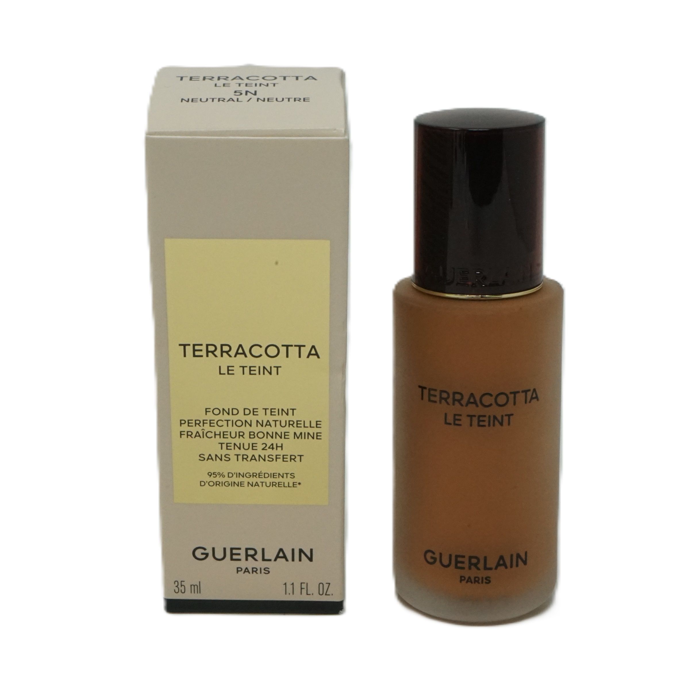Beige Kartonverpackung und Flasche. Aufschrift 'Terracotta Le Teint'. 35 ml. Guerlain-Logo.