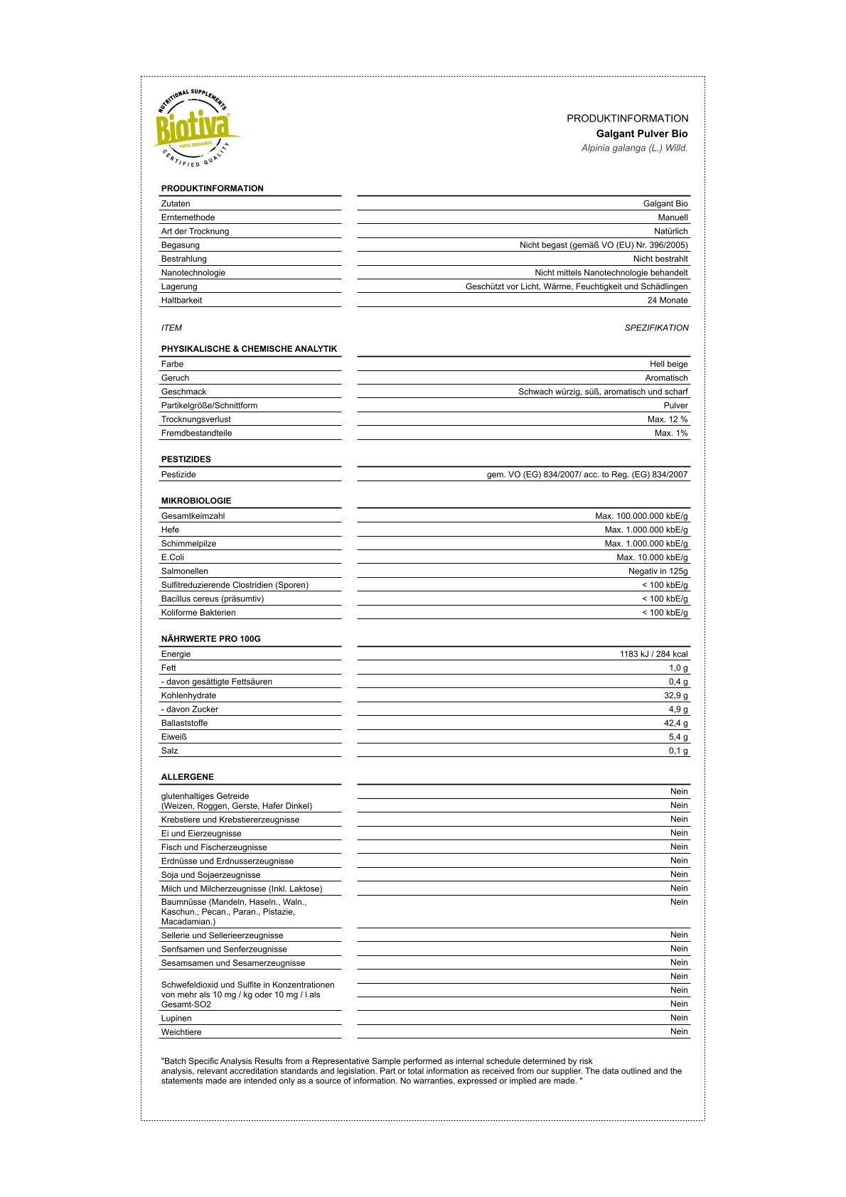 Weißes Blatt mit Produktinformationen zu Galgantpulver Bio. Tabellen, Spezifikationen, Nährwerte, Allergene.
