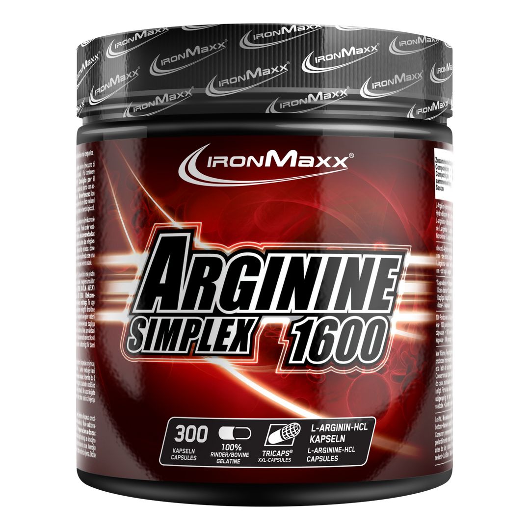 Runde Dose mit rotem Etikett. Aufschrift: Arginine Simplex 1600. Enthält 300 Kapseln. Marke: IronMaxx. Mit L-Arginin-HCL.