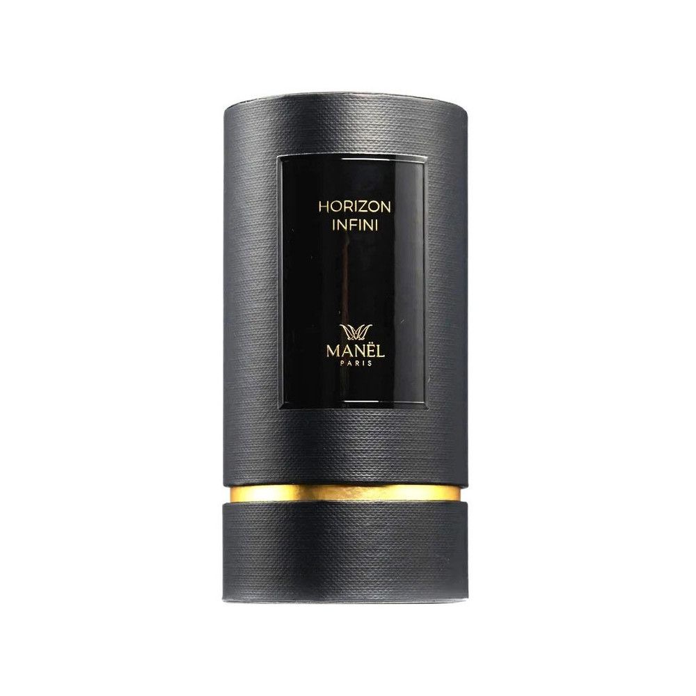 Zylindrische, schwarze Verpackung mit goldfarbenen Akzenten. Schwarzes Etikett mit goldfarbenem Text: Horizon Infini, Manel Paris.