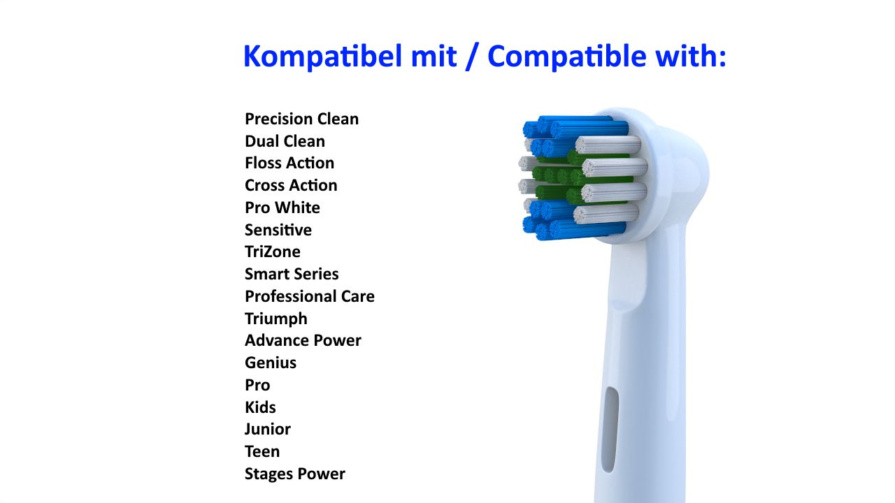 Zahnbürstenkopf mit blauen und grünen Borsten. Kompatibel mit verschiedenen Oral-B-Modellen. Text: Kompatibel mit...