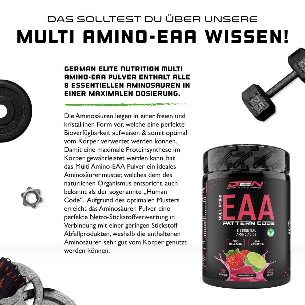 Produkt-Dose mit EAA-Aufschrift, Erdbeere-Limette-Geschmack. Text über Aminosäuren. Hintergrund: Fitness-Zubehör.