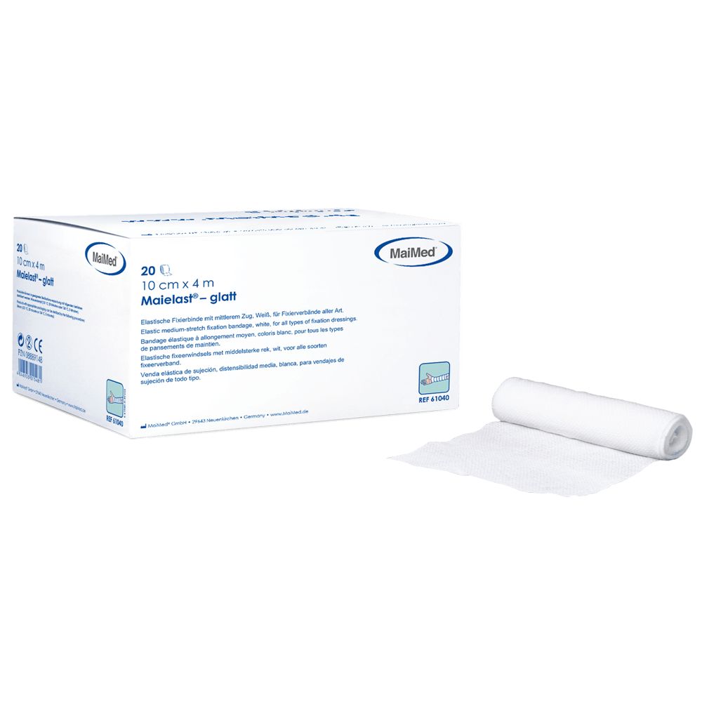 Weiße Fixierbinde, gerollt, neben Produktverpackung. Verpackung mit Aufschrift MaiMed Maielast-glatt, 10 cm x 4 m.