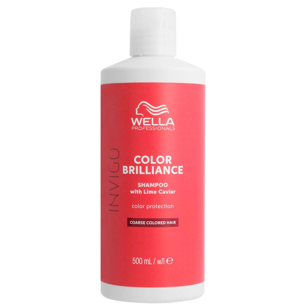 Rote Flasche mit weißem Deckel. Text: INVIGO COLOR BRILLIANCE SHAMPOO with Lime Caviar. Text: COARSE COLORED HAIR. 500 ml.