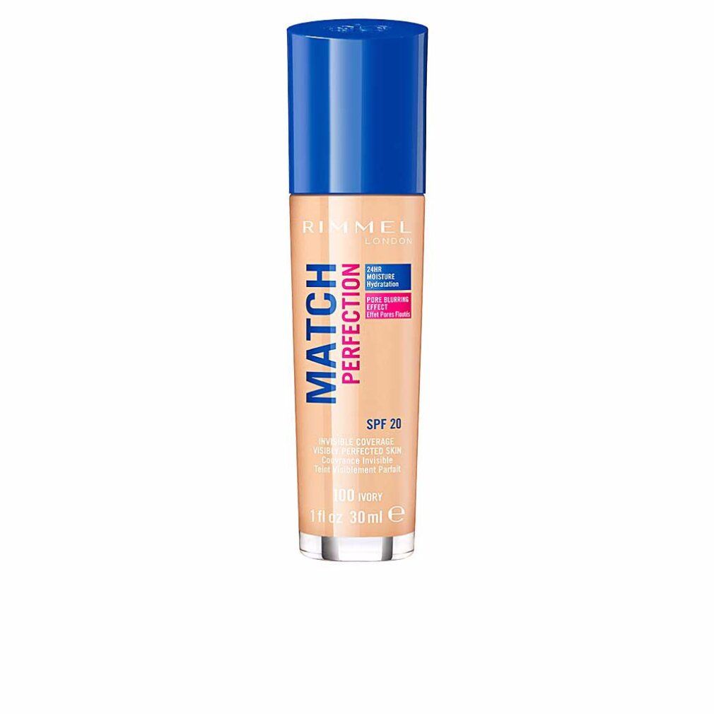 Foundation-Flakon mit blauem Deckel. Aufschrift: Rimmel London, Match Perfection, SPF 20, 100 Ivory. 30 ml.