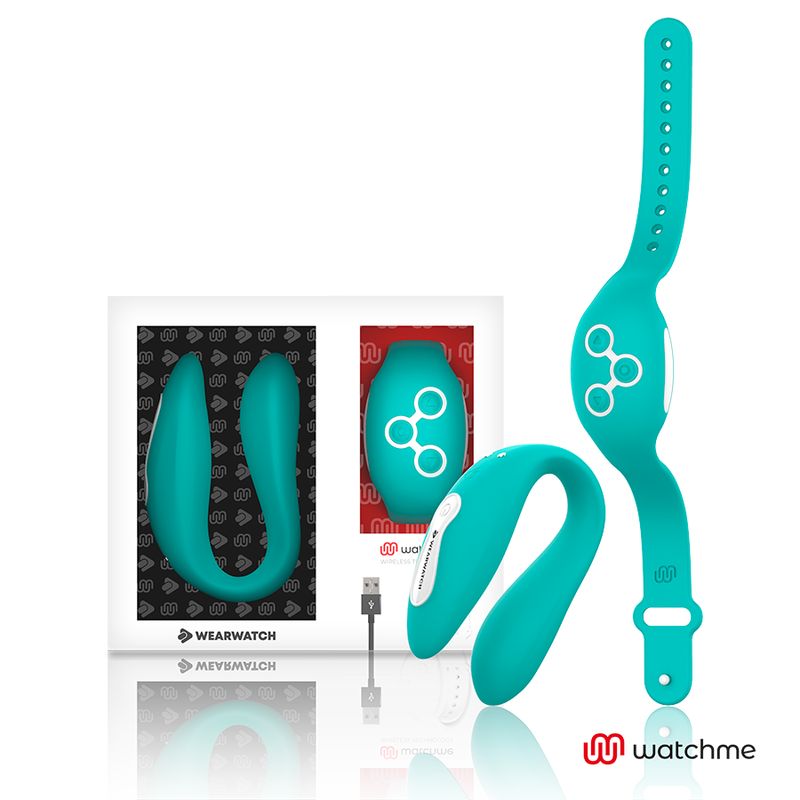 Wearwatch-Produkt, Armband und Verpackung. Das Wearwatch-Produkt ist türkisfarben. Enthält ein USB-Kabel.