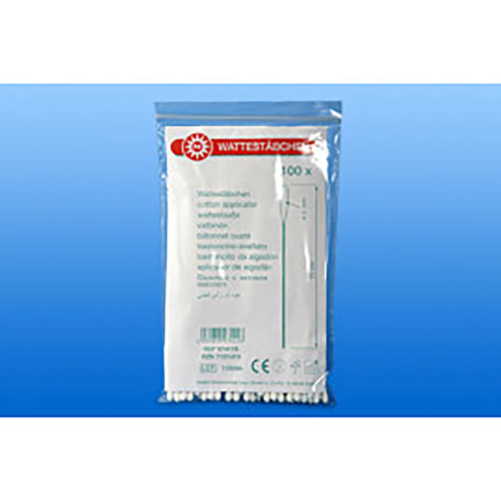 Verpackung mit Wattestäbchen. Sichtbar: Produktname, 100 Stück, CE-Zeichen. Transparente Plastikverpackung.