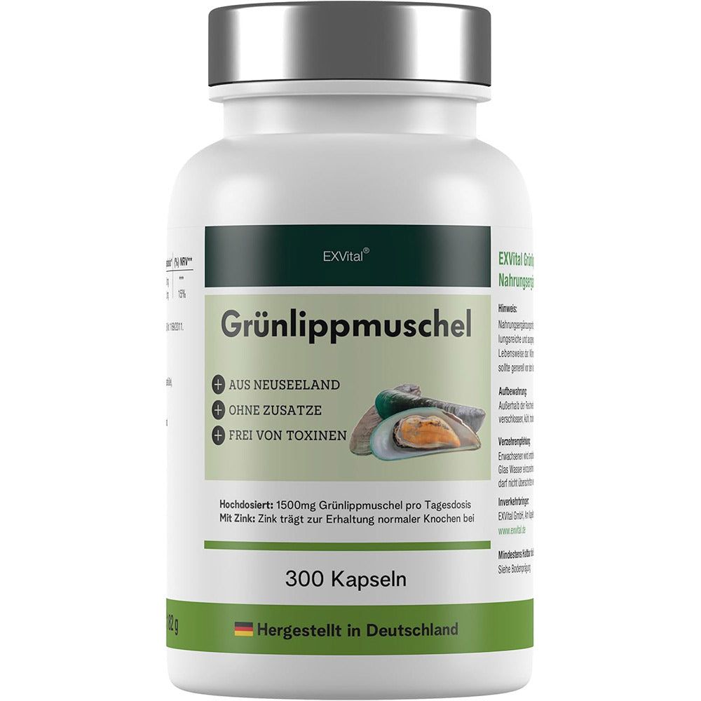 Weiße Dose mit 300 Kapseln EXVital Grünlippmuschel, hergestellt in Deutschland.