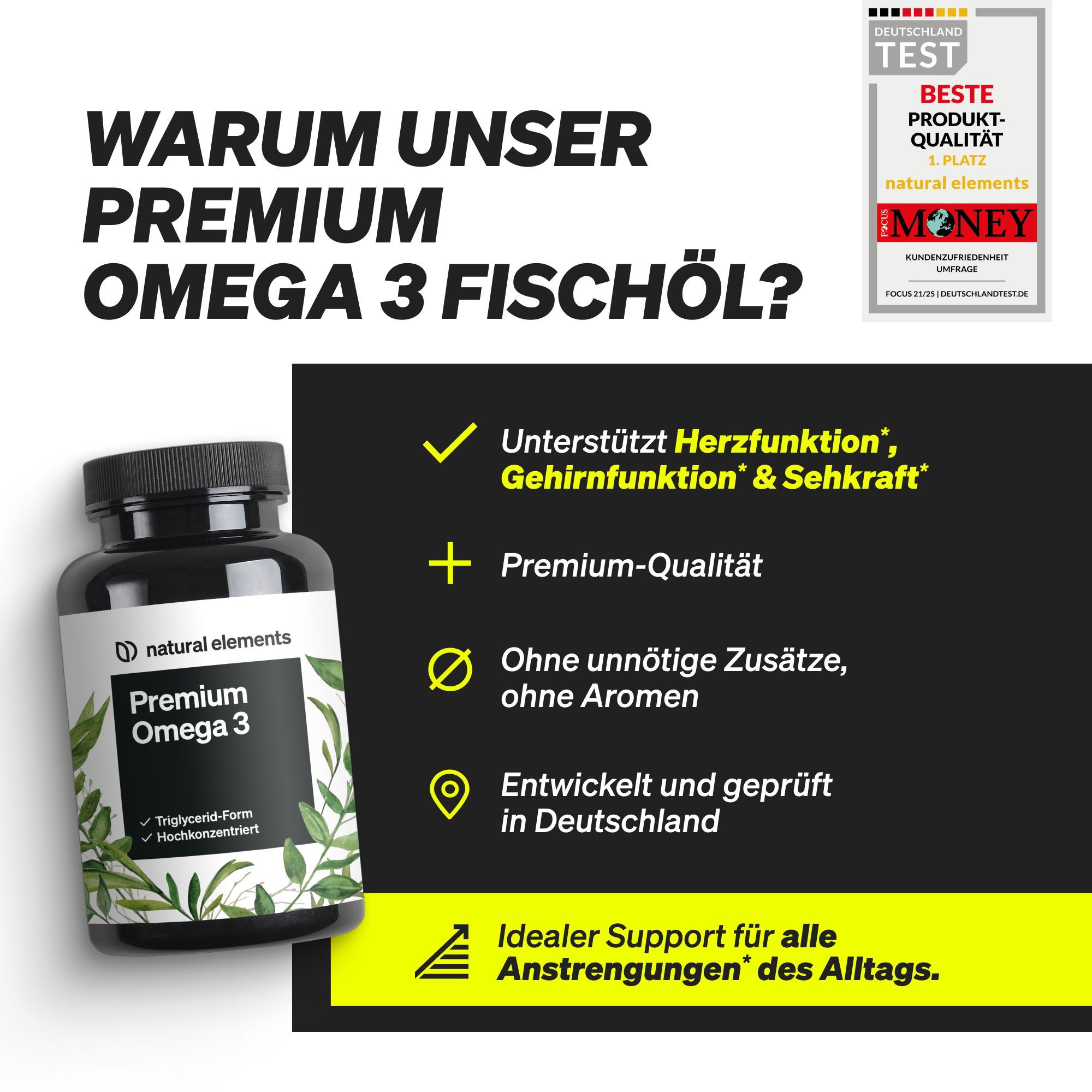 Produkt mit Flasche. Aufschrift: natural elements Premium Omega 3. Text: Unterstützt Herzfunktion, Gehirnfunktion & Sehkraft.
