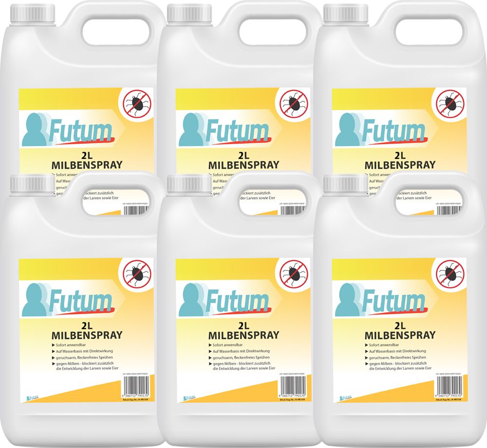 Sechs weiße Kanister mit gelben Etiketten. Auf jedem Etikett steht "FUTUM Milbenspray" und ein rotes Insekten-Symbol. 2L-Kanister.
