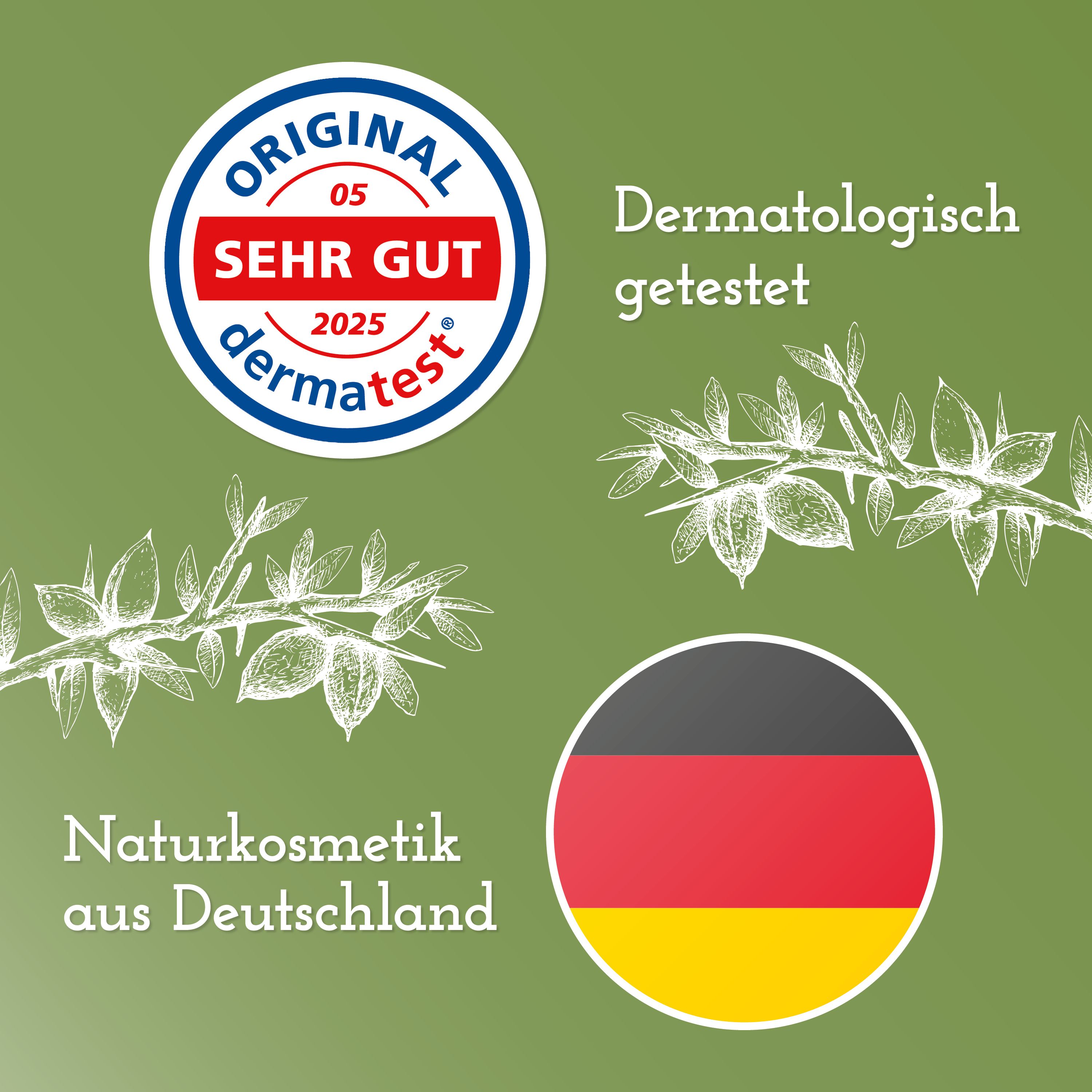 Kreisförmiges Siegel mit Text: ORIGINAL, SEHR GUT, dermatest. Text: Dermatologisch getestet. Naturkosmetik aus Deutschland.