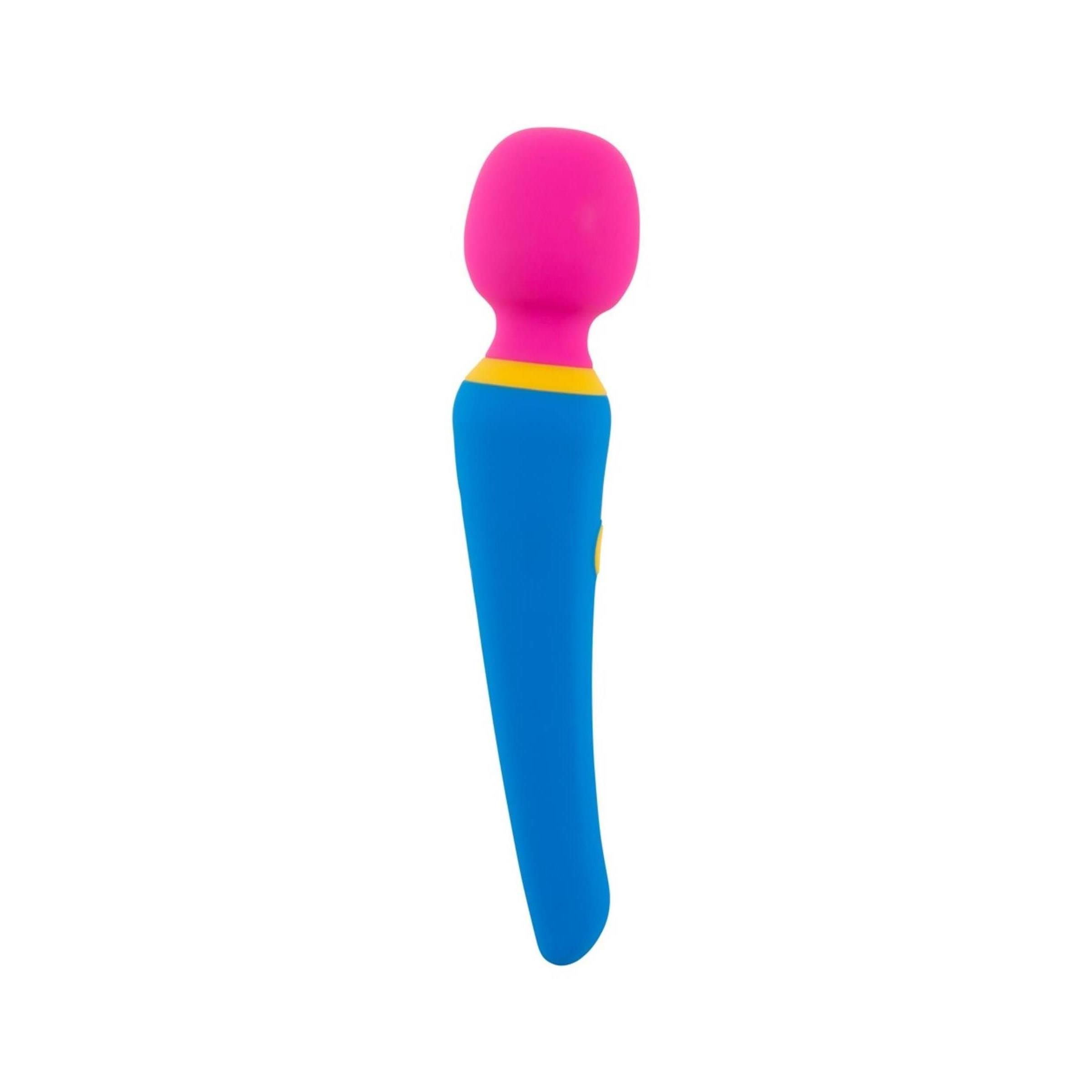 Blau-gelb-pinkfarbener Vibrator. Zylindrischer Griff, runder Kopf. Gelber Knopf. Aus Silikon.