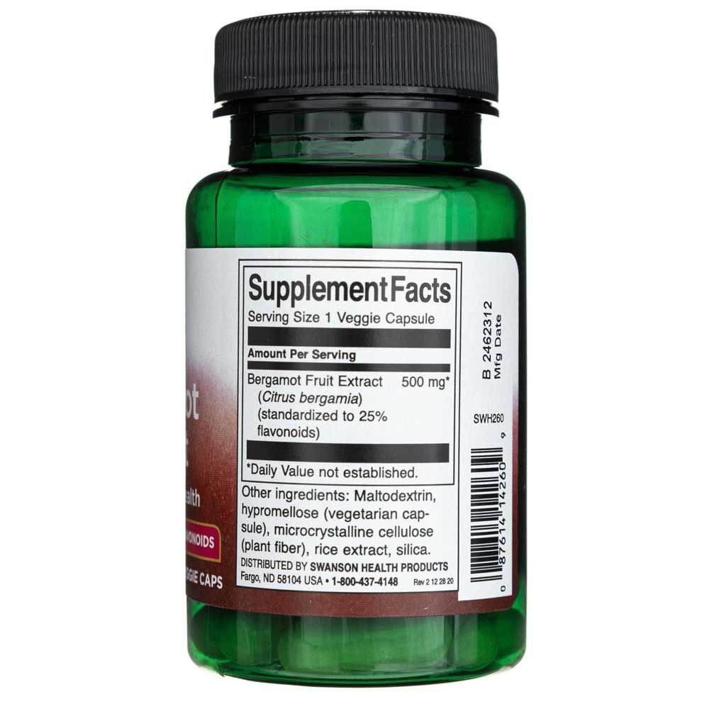 Grüne Flasche mit Supplement Facts Etikett: Bergamotte-Fruchtextrakt 500 mg pro Veggie-Kapsel.