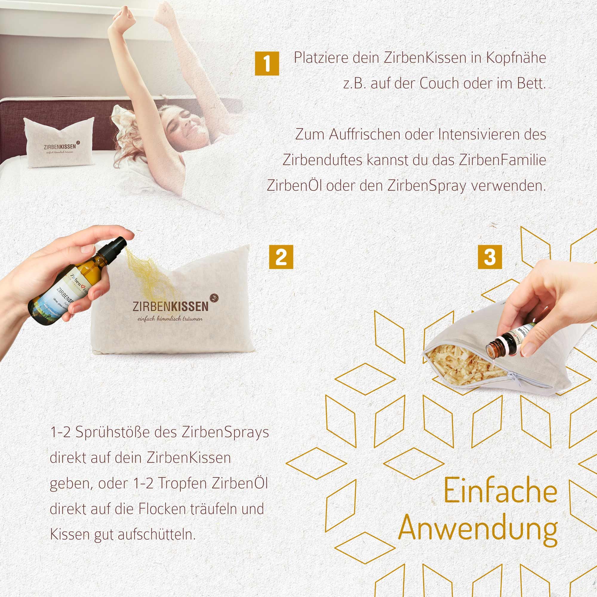 Anwendungsbeispiel: Frau im Bett mit ZirbenKissen. Zirbenöl wird auf Kissen gesprüht. Text: Einfache Anwendung.