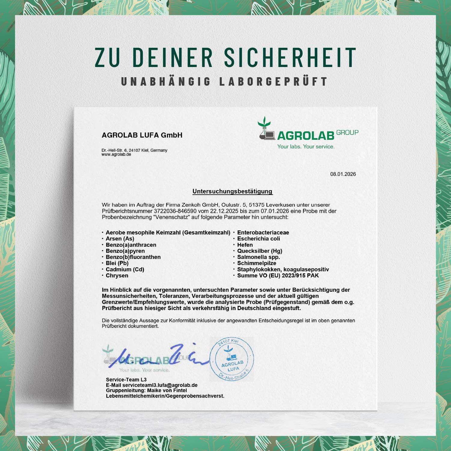 Zertifikat von Agrolab LUFA GmbH. Text: Unabhängig laborgeprüft. Unterschrift. Analyseergebnisse für Venenschatz. Logo: Agrolab Group.
