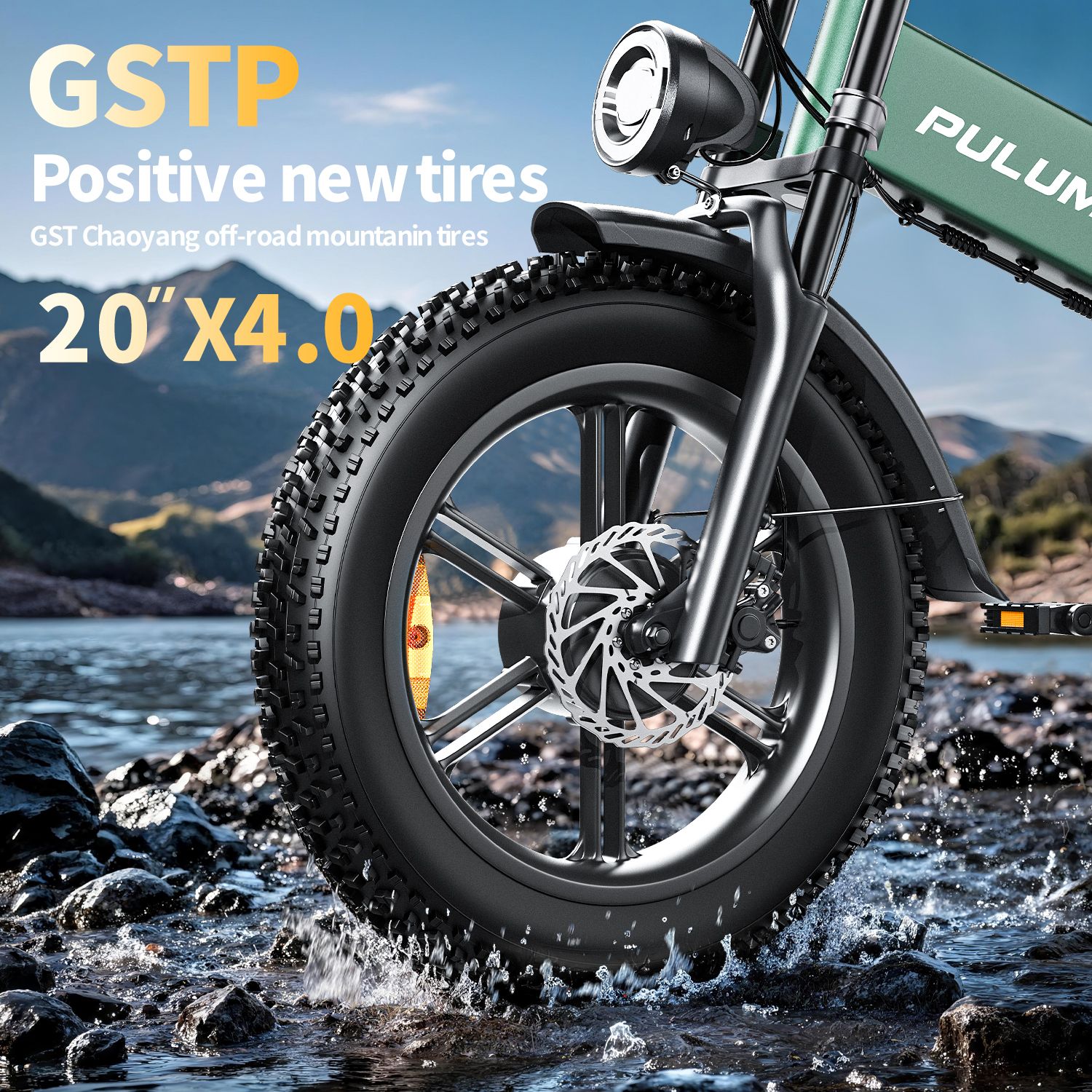 Vorderrad eines Elektrofahrrads mit Text: "GSTP Positive new tires 20" X4.0".