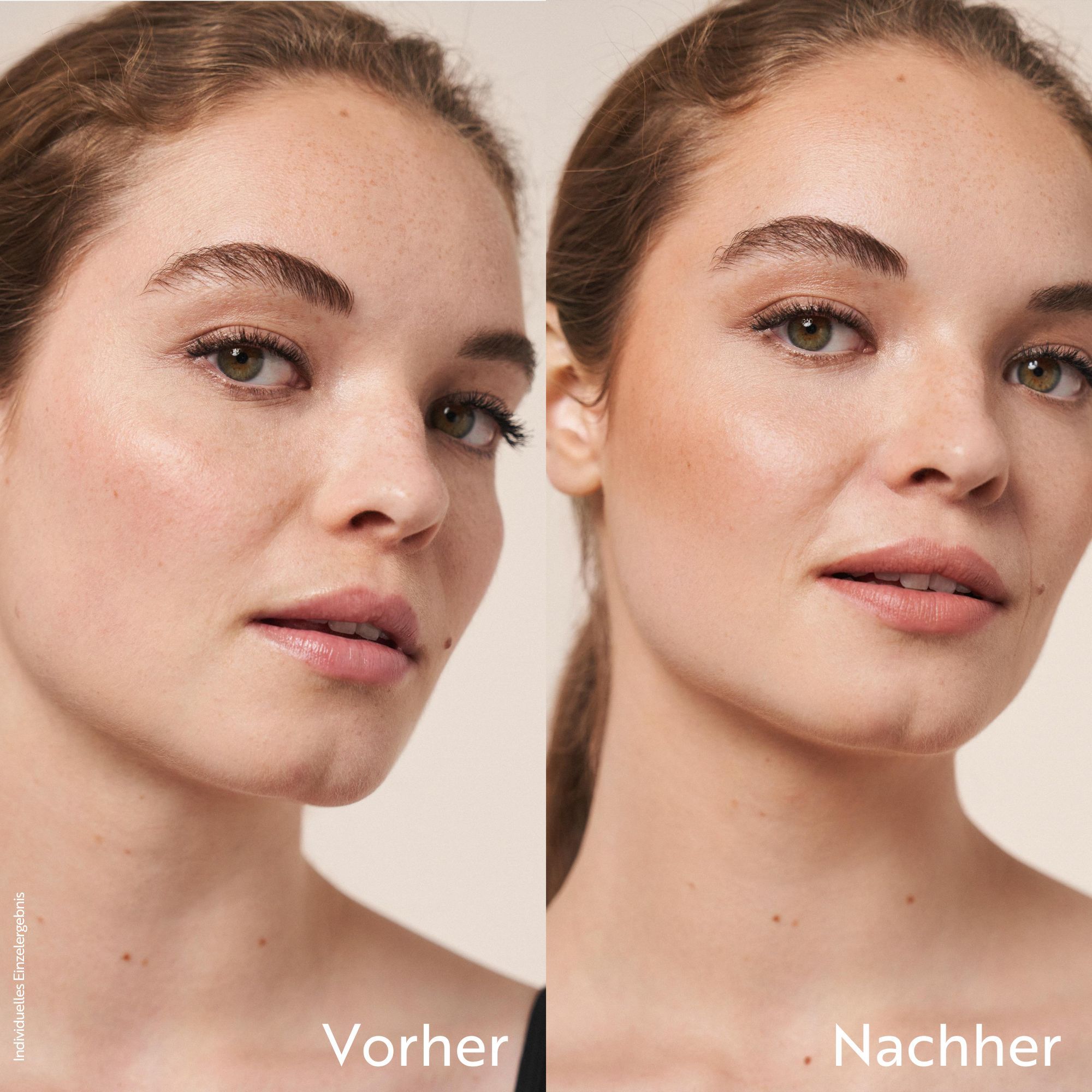 Vorher-Nachher-Vergleich. Gesicht einer Frau, links ohne, rechts mit Bronzer. Deutlicher Unterschied im Hautton.