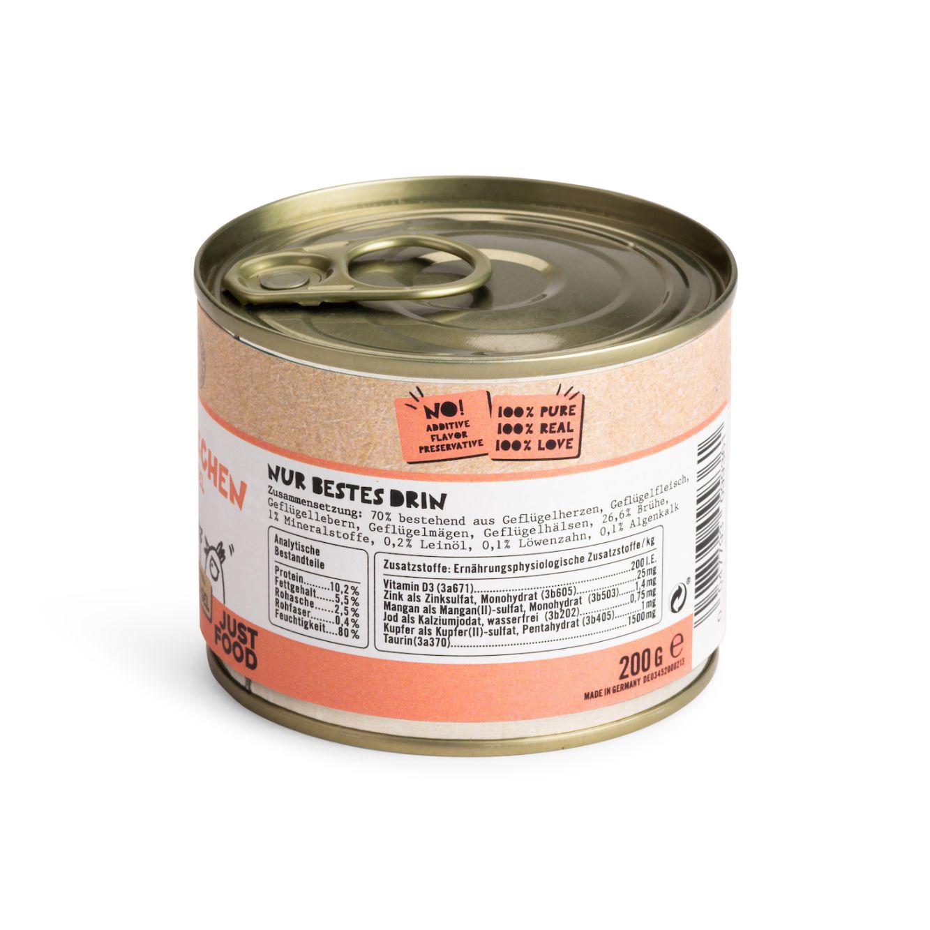 Eine Dose Katzenfutter. Aufschrift: Dogs'n Tiger, Nesthäkchen, Geflügel. Rückseite mit Nährwertangaben.