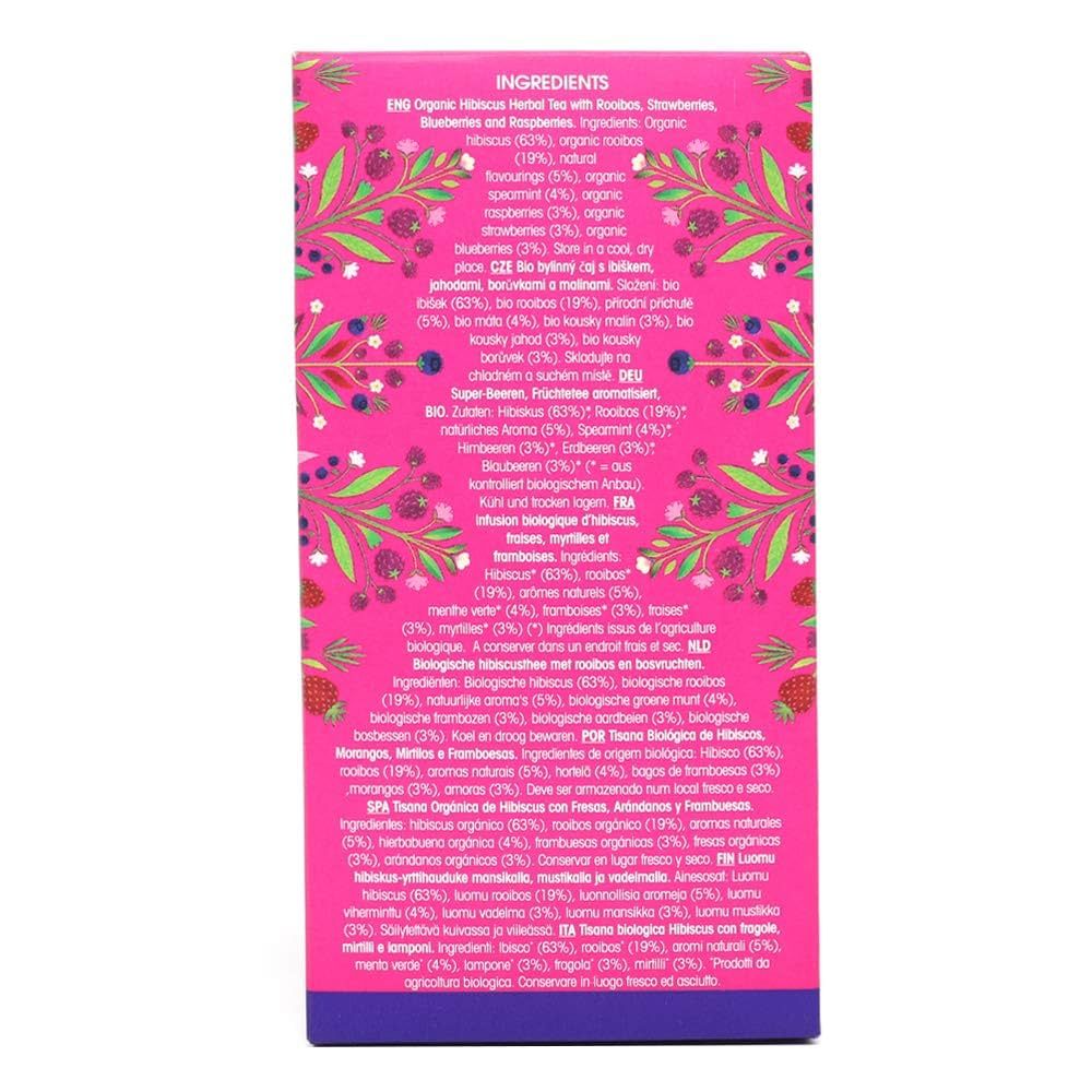 Rückseite der rosa "English Tea Shop Organic"-Verpackung. Zutatenliste in mehreren Sprachen. Bio-Siegel.