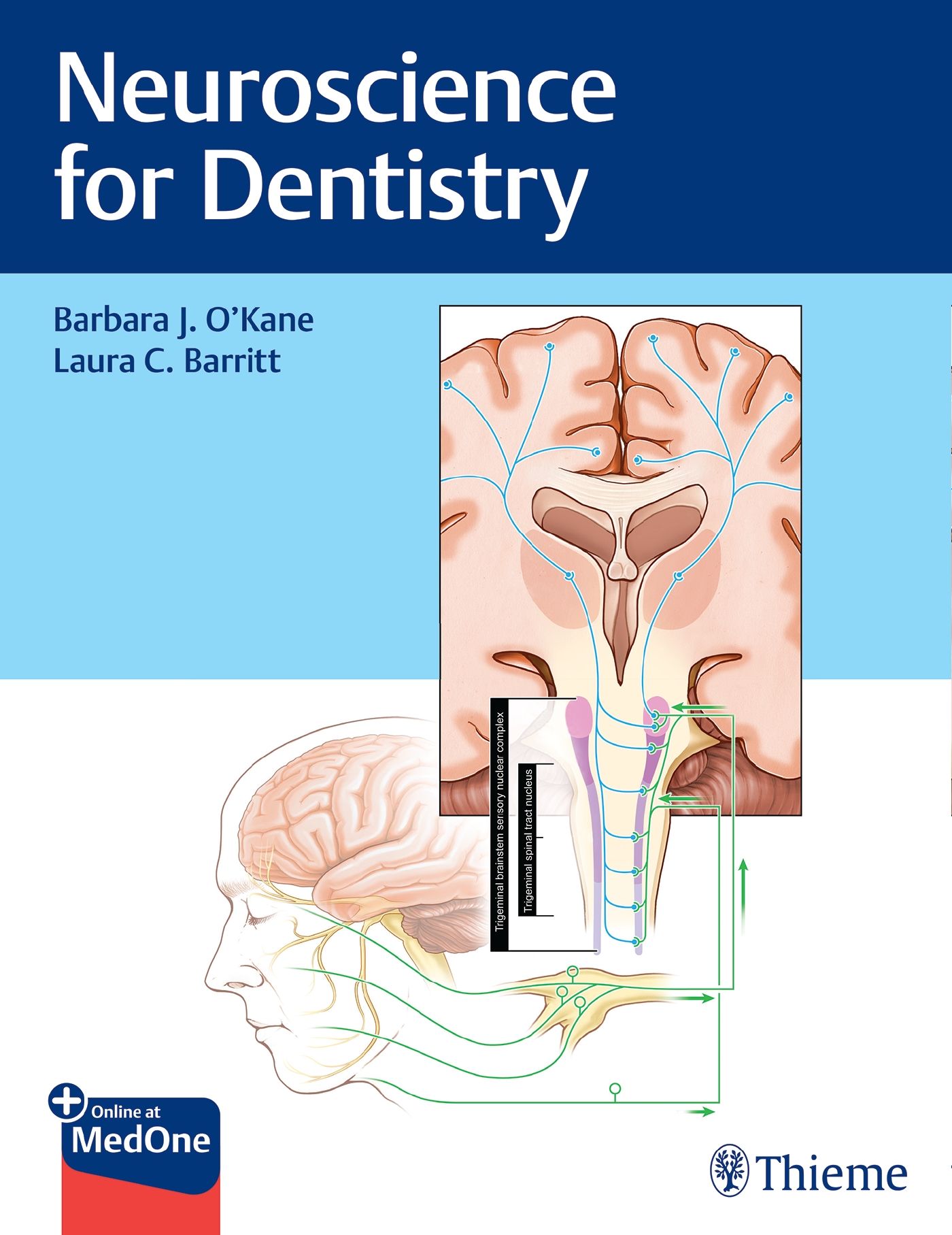 Buchcover: "Neuroscience for Dentistry". Titel und Autoren. Illustrationen von Gehirnstrukturen und Nervenbahnen. Verlag Thieme.